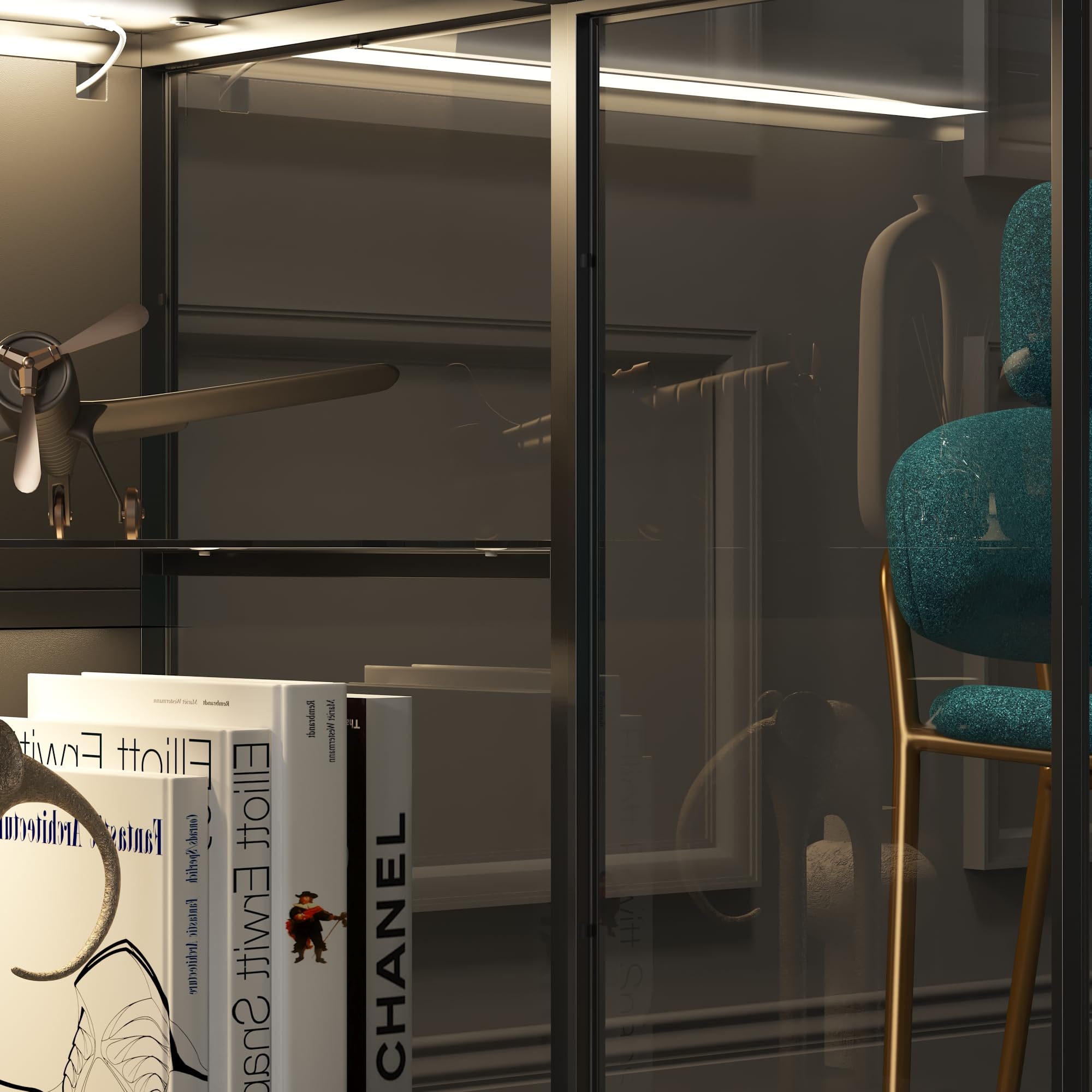 Storage Cabinet with LED Lights and Glass Doors