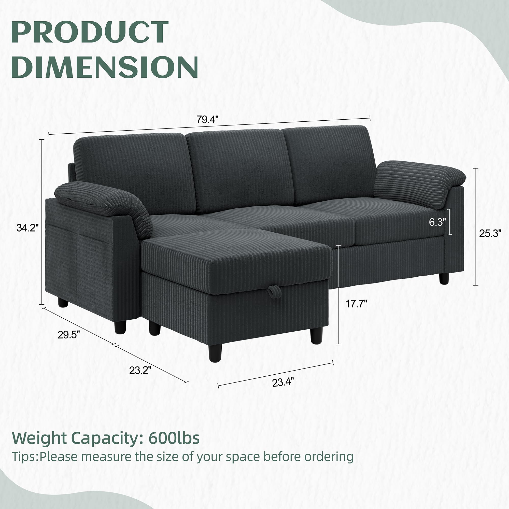 Convertible Sectional Sofa 3-Seat L-Shaped with Removable Pillows