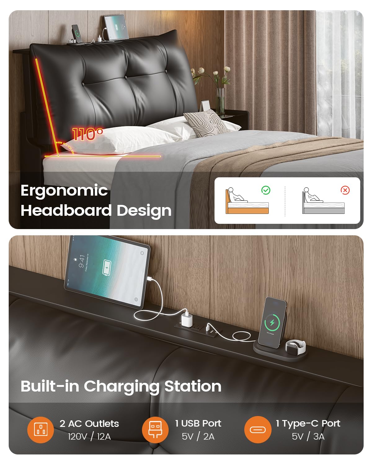 Full Size Upholstered Bed Frame with LED Lights, Storage Drawers & Charging Station