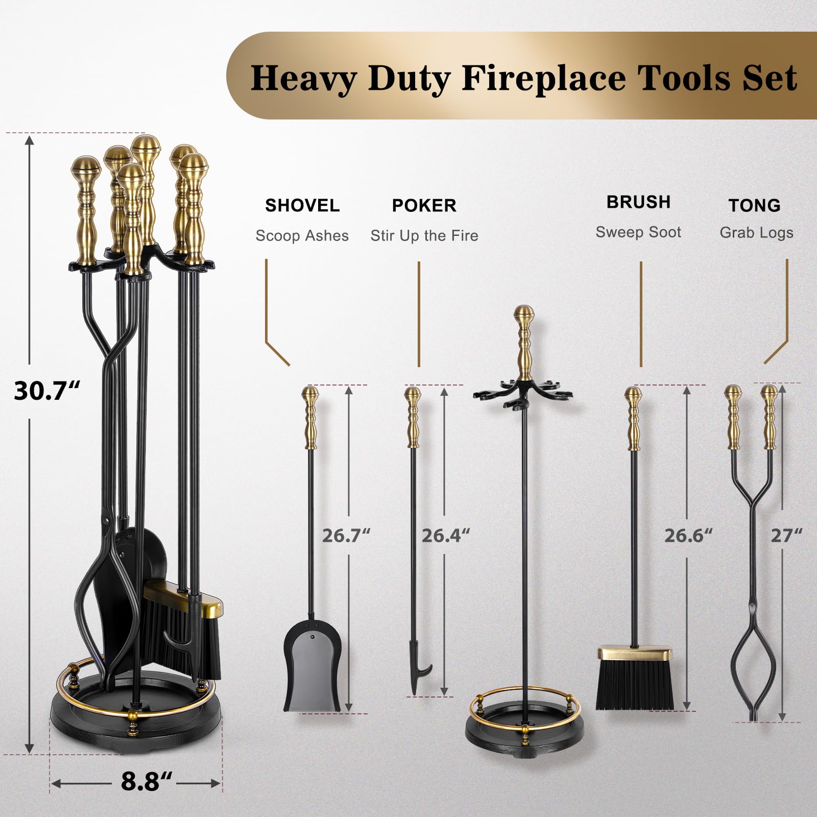 5-Piece Fireplace Tool Set with Brass Handles