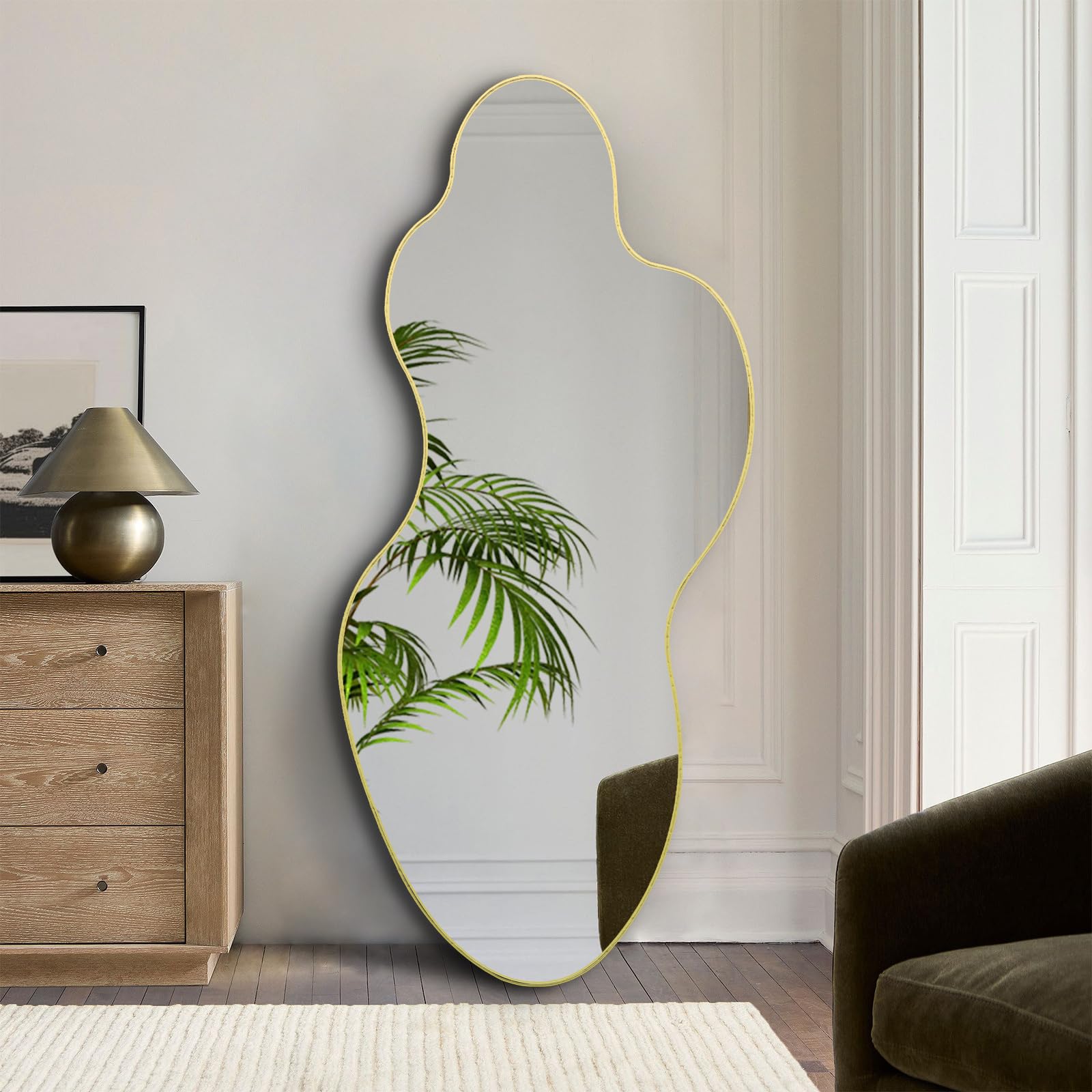 Irregular Asymmetrical Wall Mirror 55x26 with Gold Metal Frame