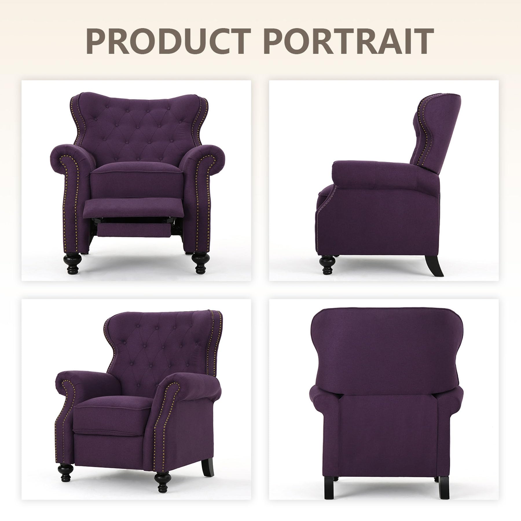 Purple Pushback Recliner Chair with Wingback Design