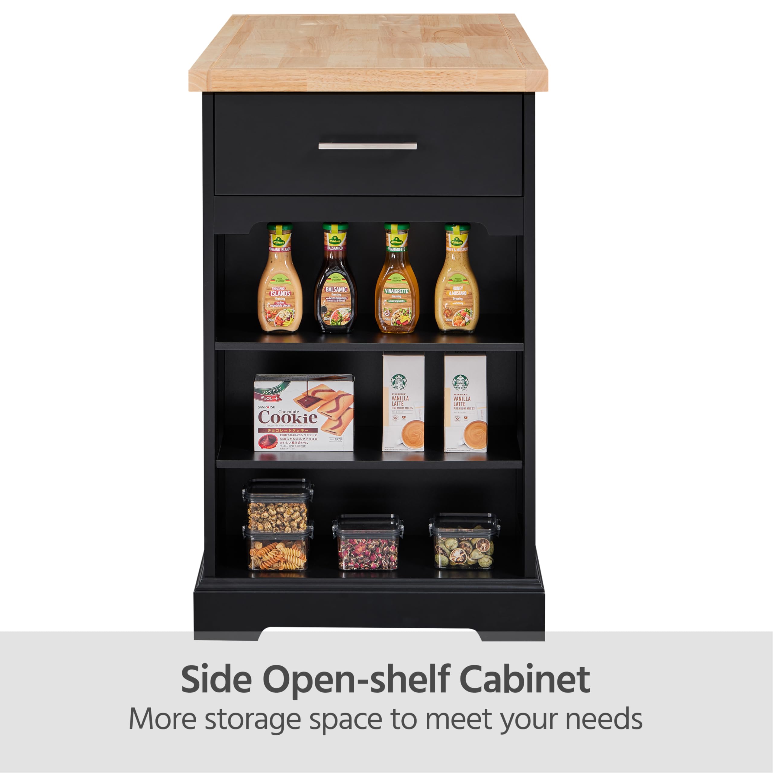 Kitchen Island on Hidden Wheels with Rubberwood Top