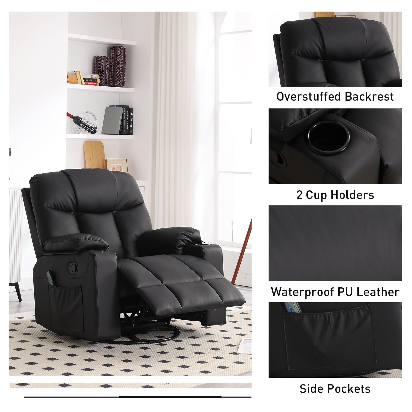 Oversized Swivel Rocker Recliner with Heat and Massage