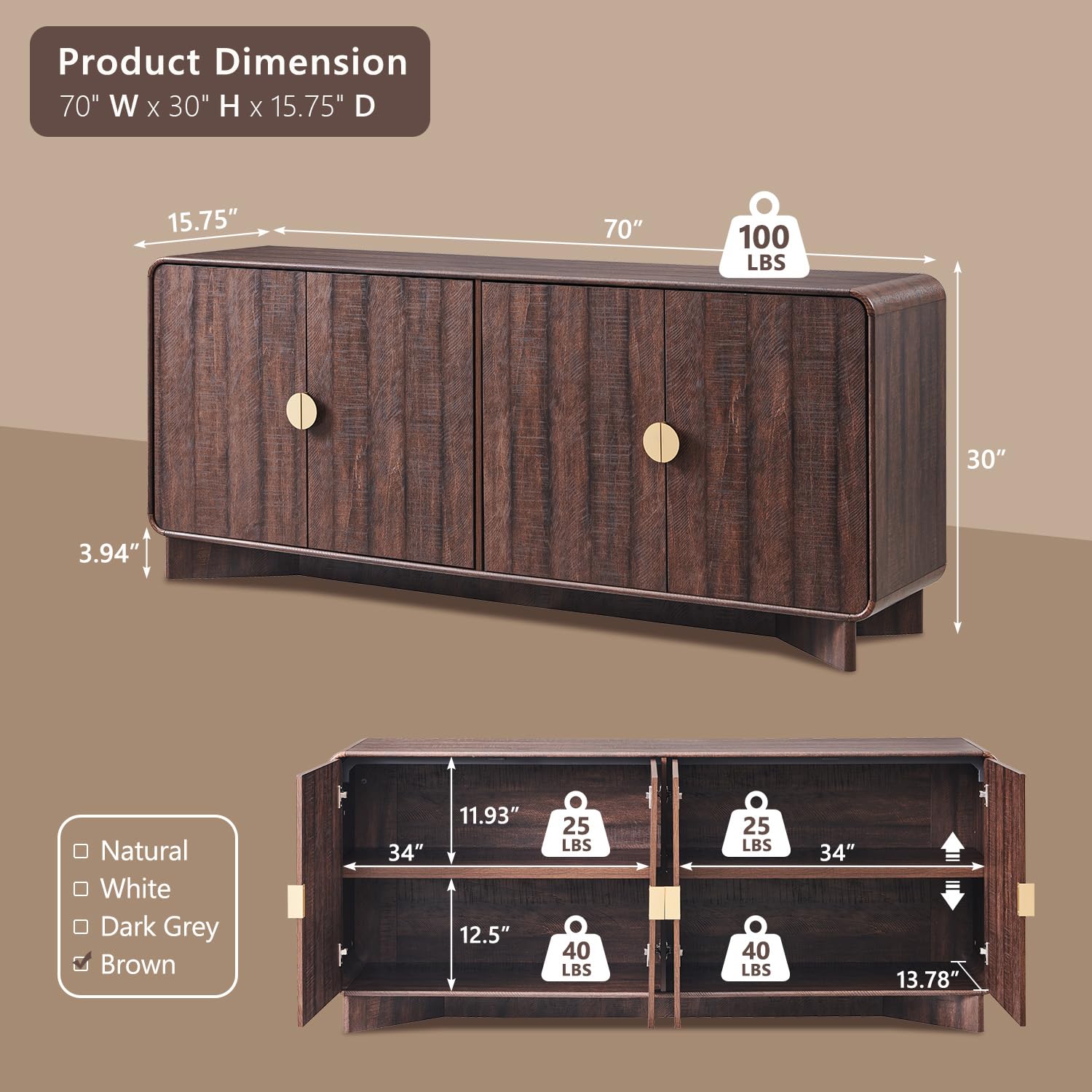 70" Modern Curved Buffet Cabinet with Storage