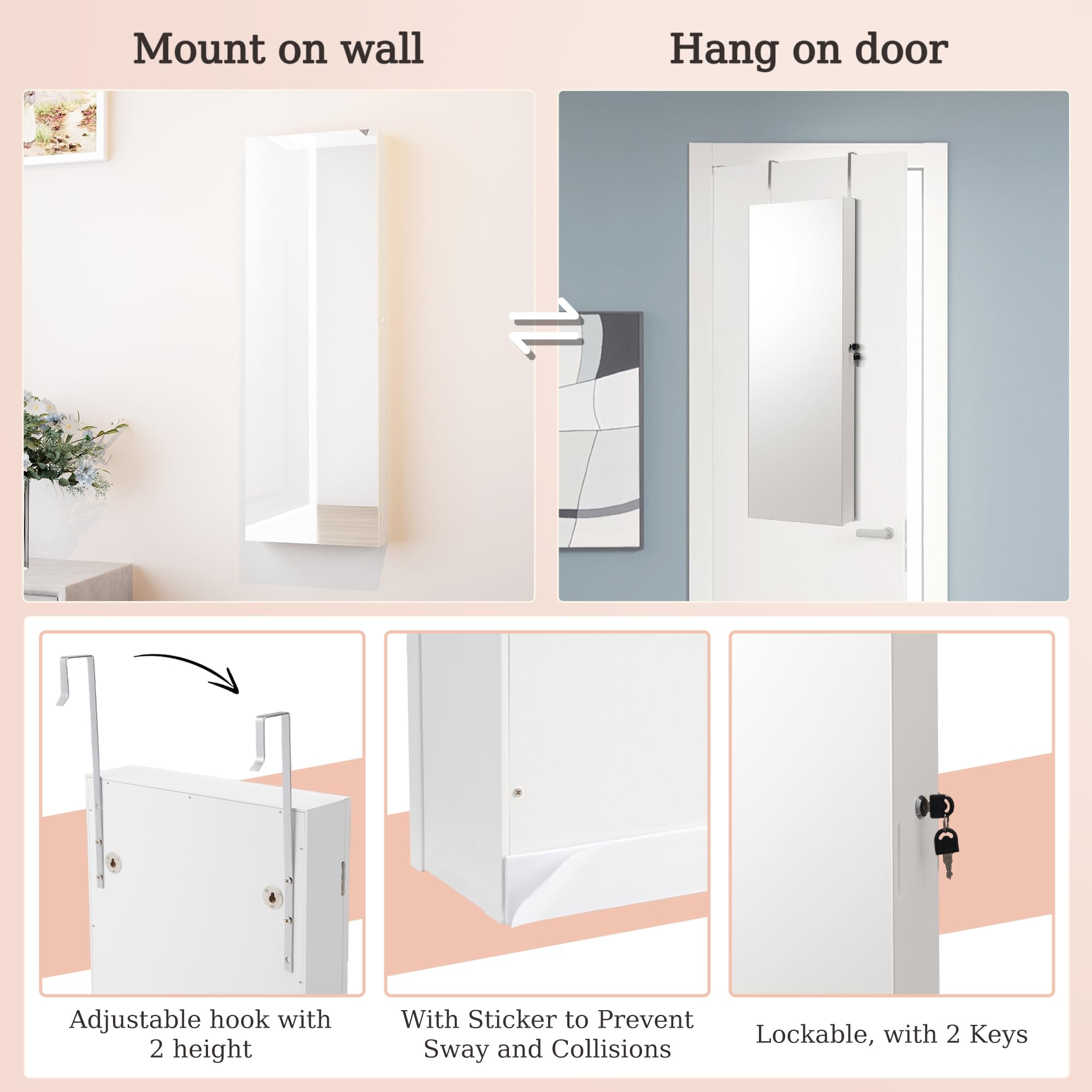 Wall Mounted Mirror Jewelry Cabinet with LED Lights