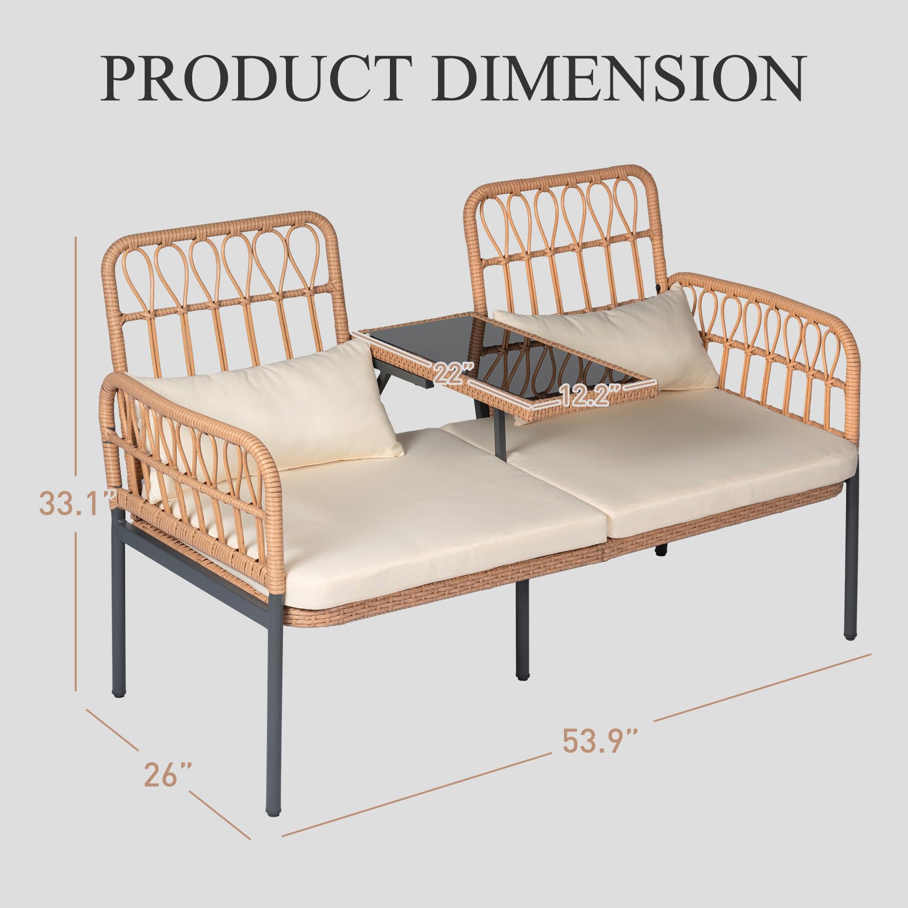 2 Seat Outdoor Rattan Loveseat with Built-In Table