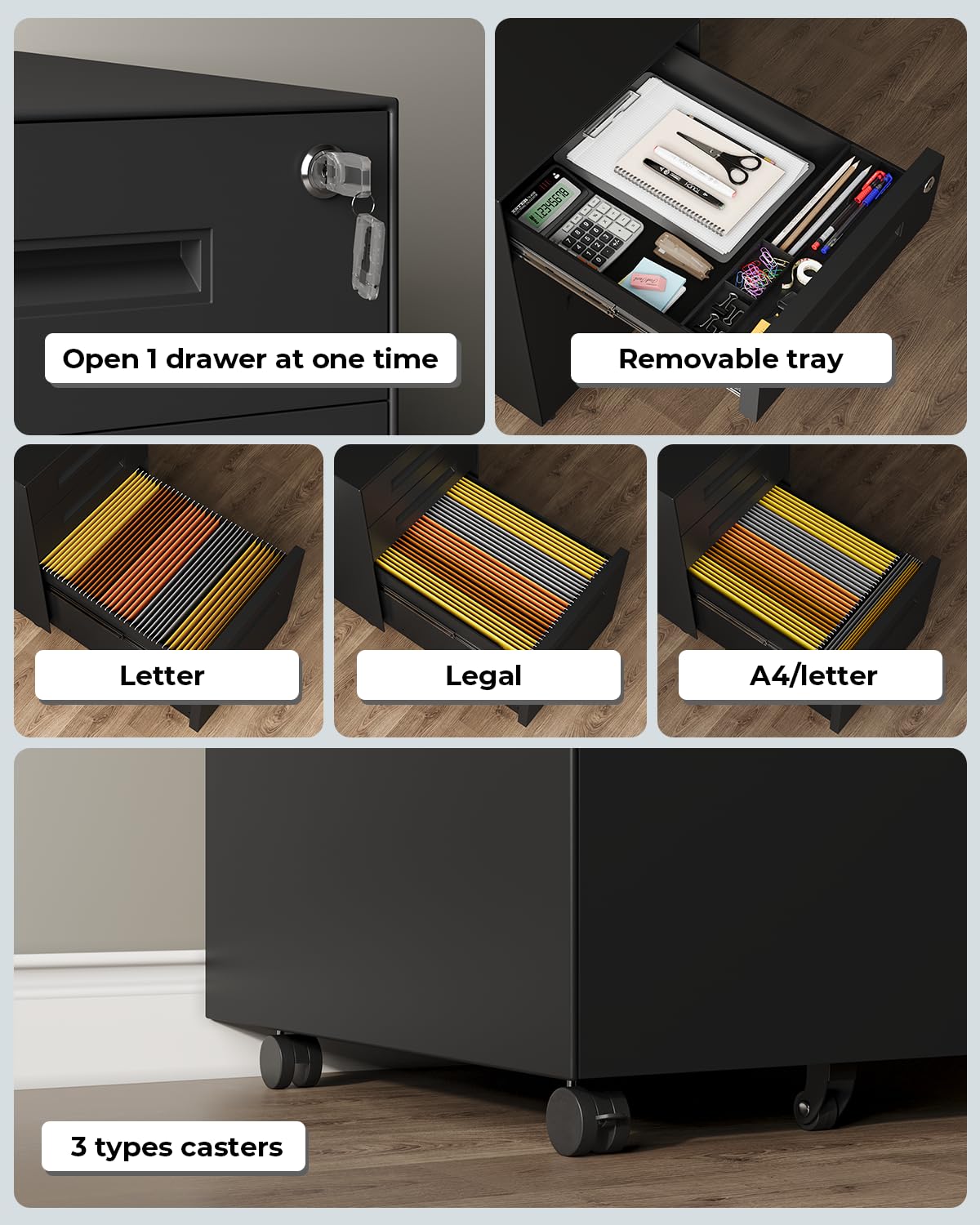 3 Drawer Mobile File Cabinet with Lock on Wheels