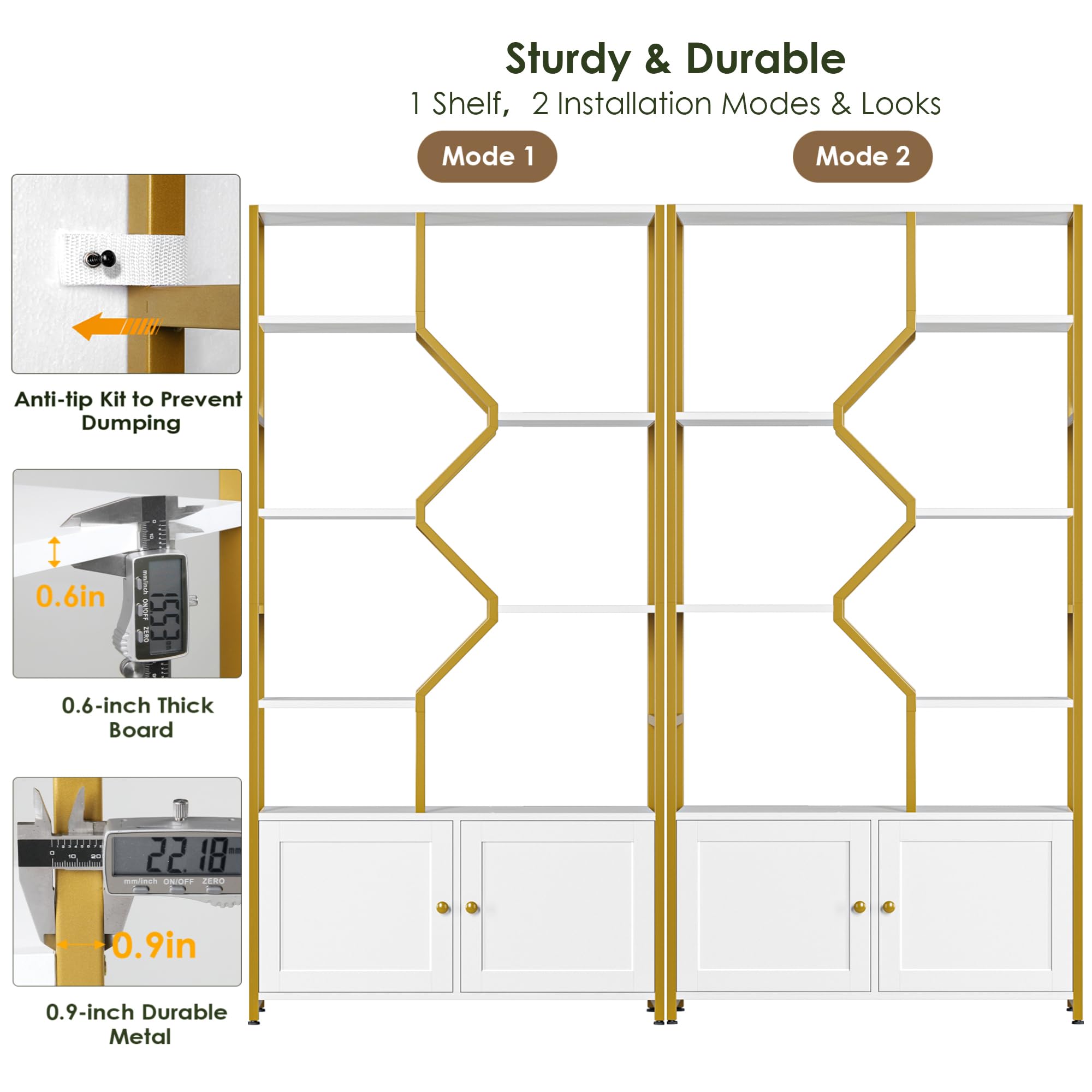 76" Tall Gold Bookshelf with Cabinet Storage