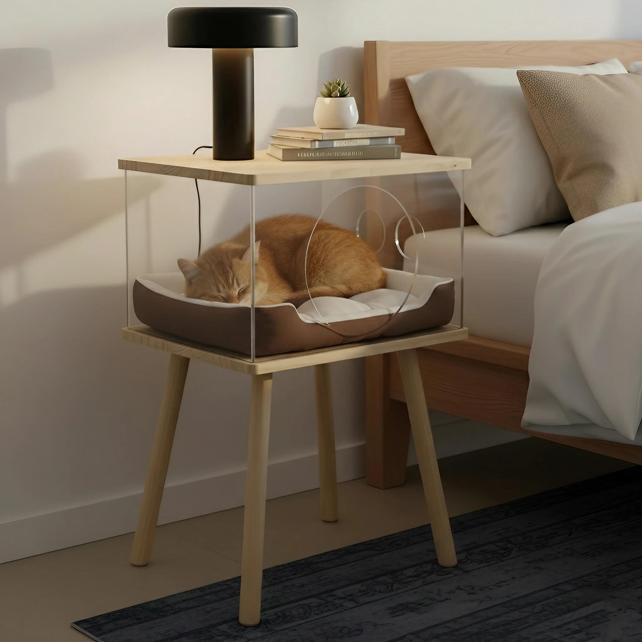 Cat Bedside Table with Acrylic Guardrail