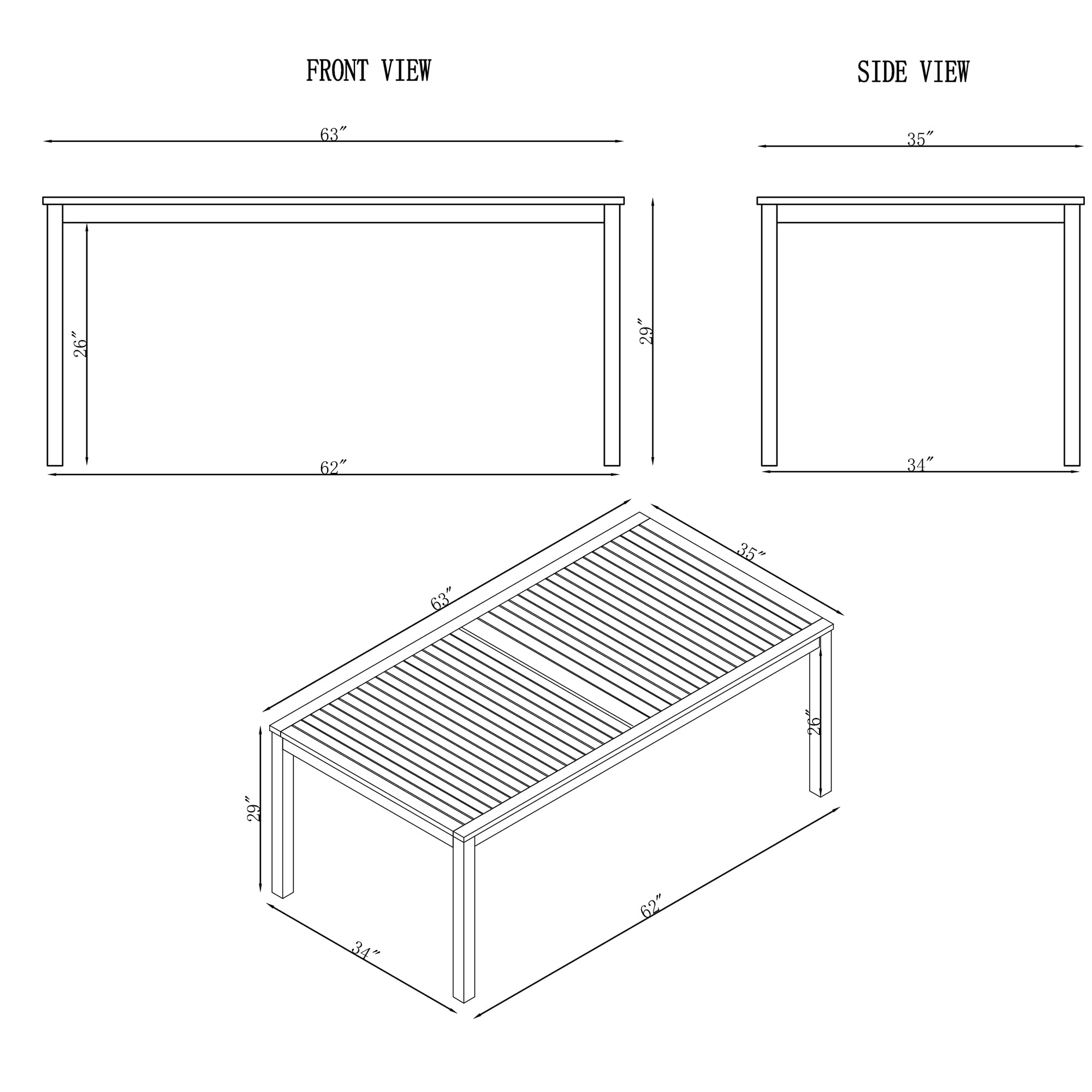 Okemo 7-pc Outdoor Dining Set, Acacia Wood Table (63 in. W x 35 in. D x 29 in. H) and 6 Chairs, Water-Resistant Ivory Cushions (24 in. W x 27 in. D x 33 in. H), Weather-Resistant Hardwood