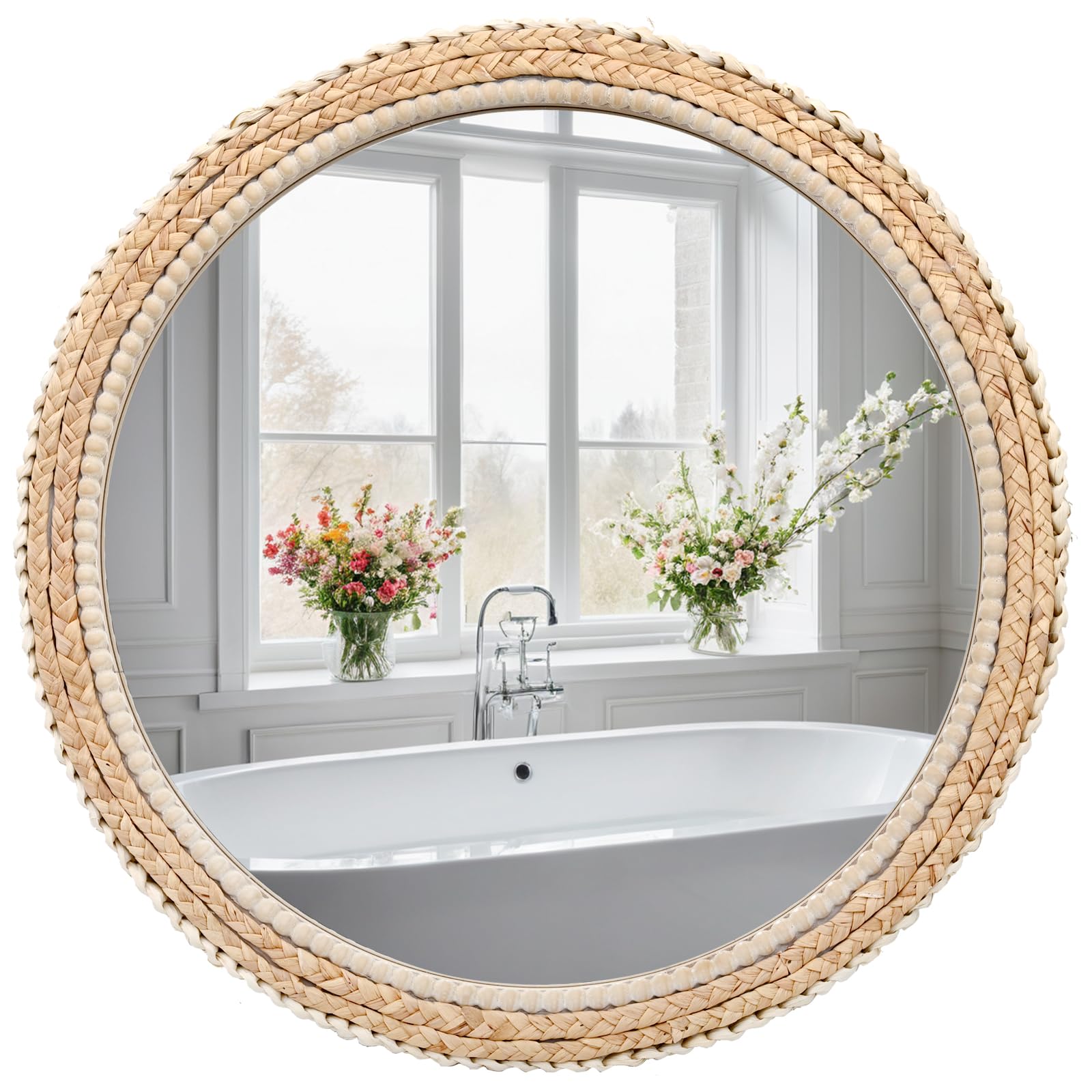 24" Rattan Wood Round Mirror