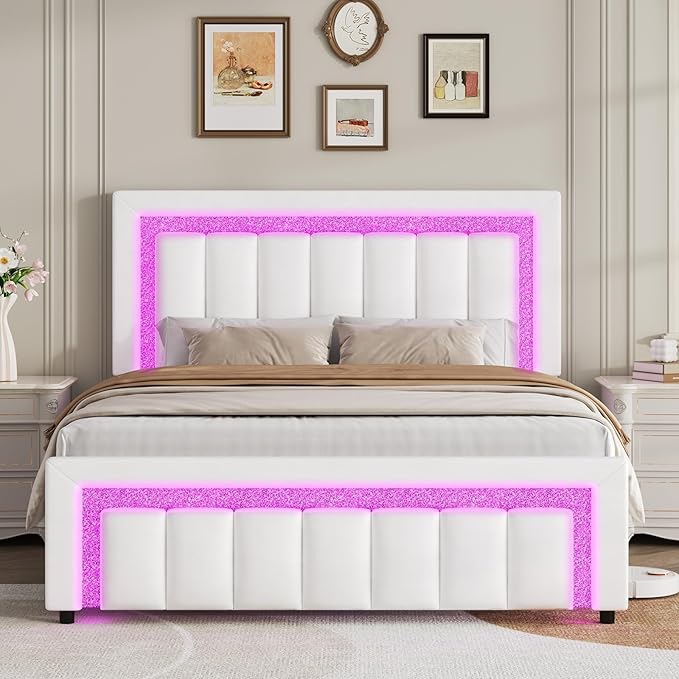 Queen LED Bed Frame with Diamond Tufted Headboard