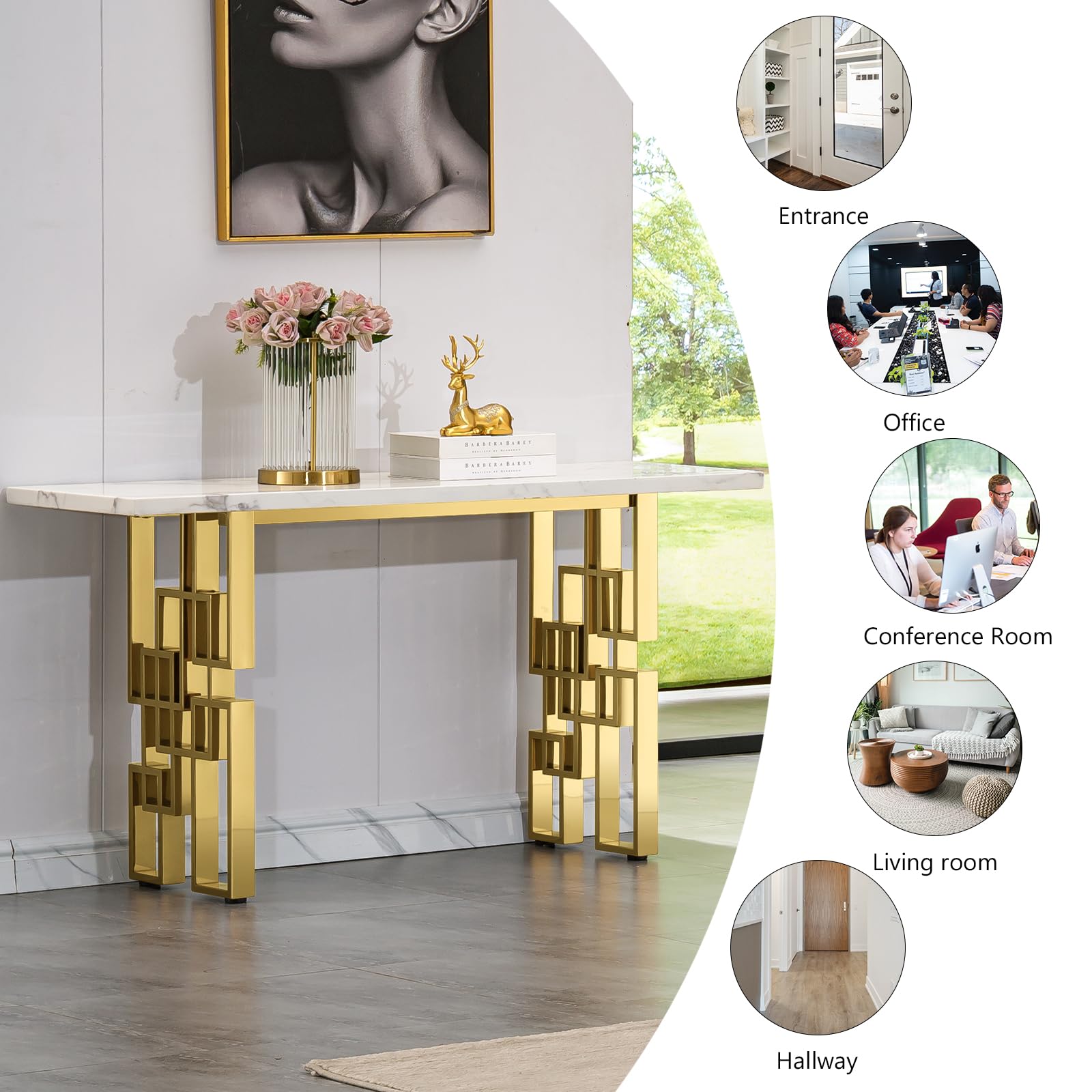 55" White Gold Console Table - Modern Rectangle Entryway Sofa Table