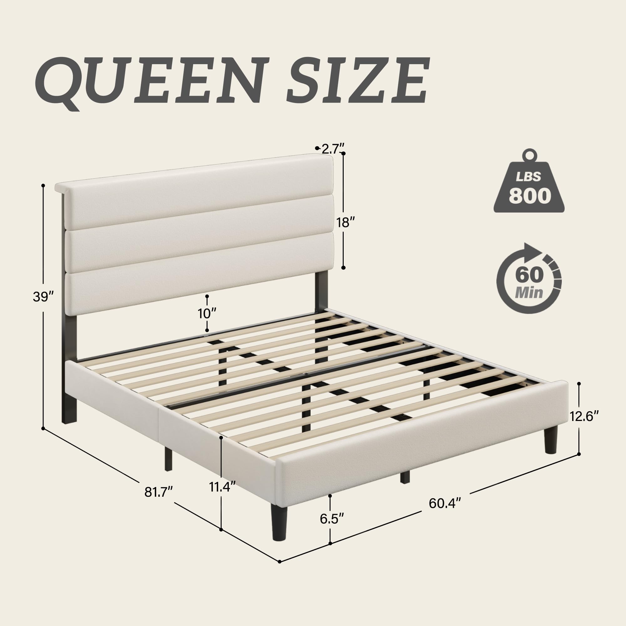 Queen Platform Bed Frame with Velvet Upholstered Headboard