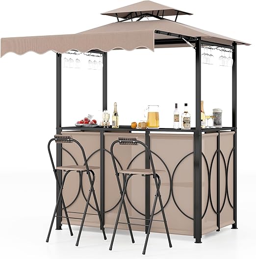 Grill Gazebo Bar Set with Awning and Foldable Stools