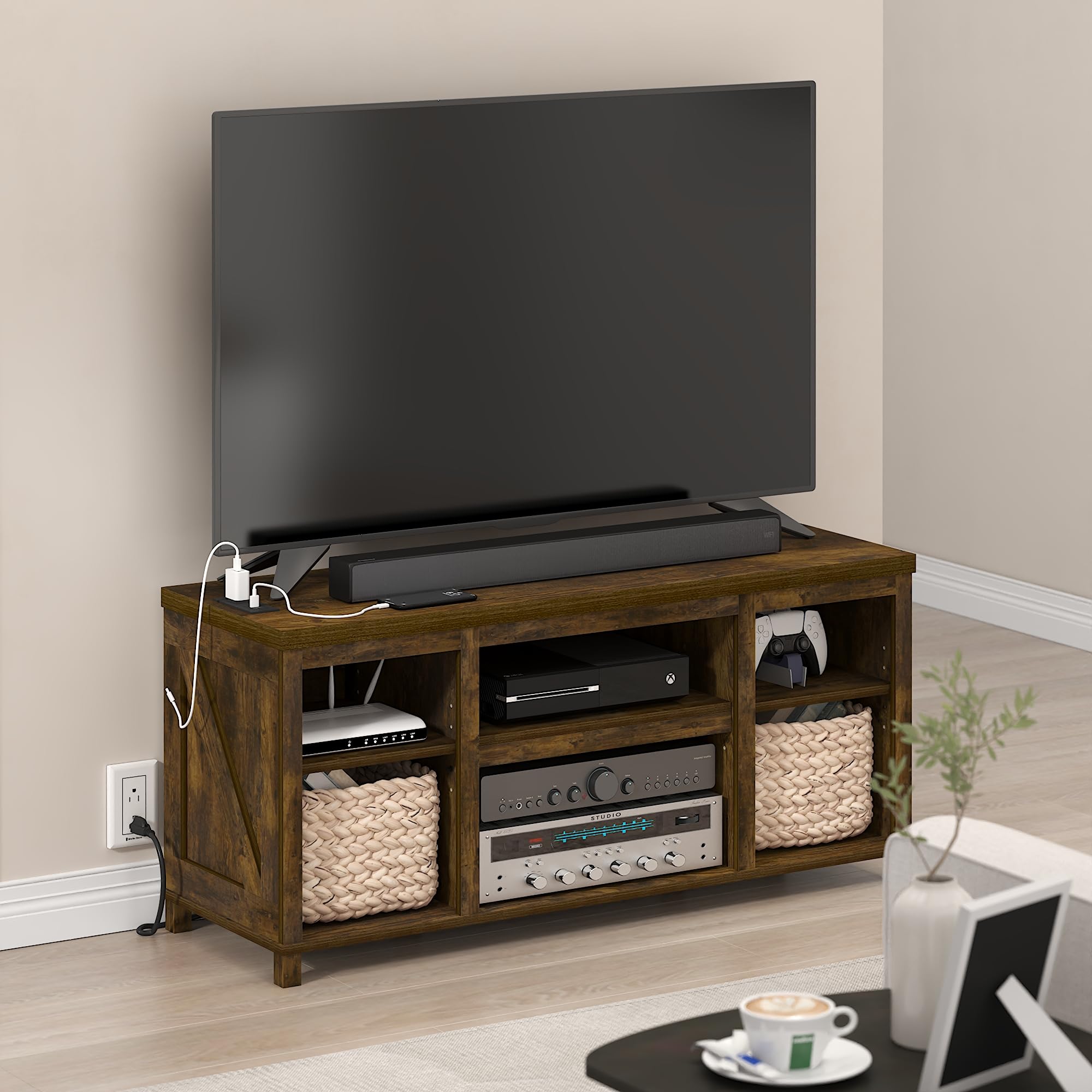 Farmhouse TV Stand with USB Charging Station