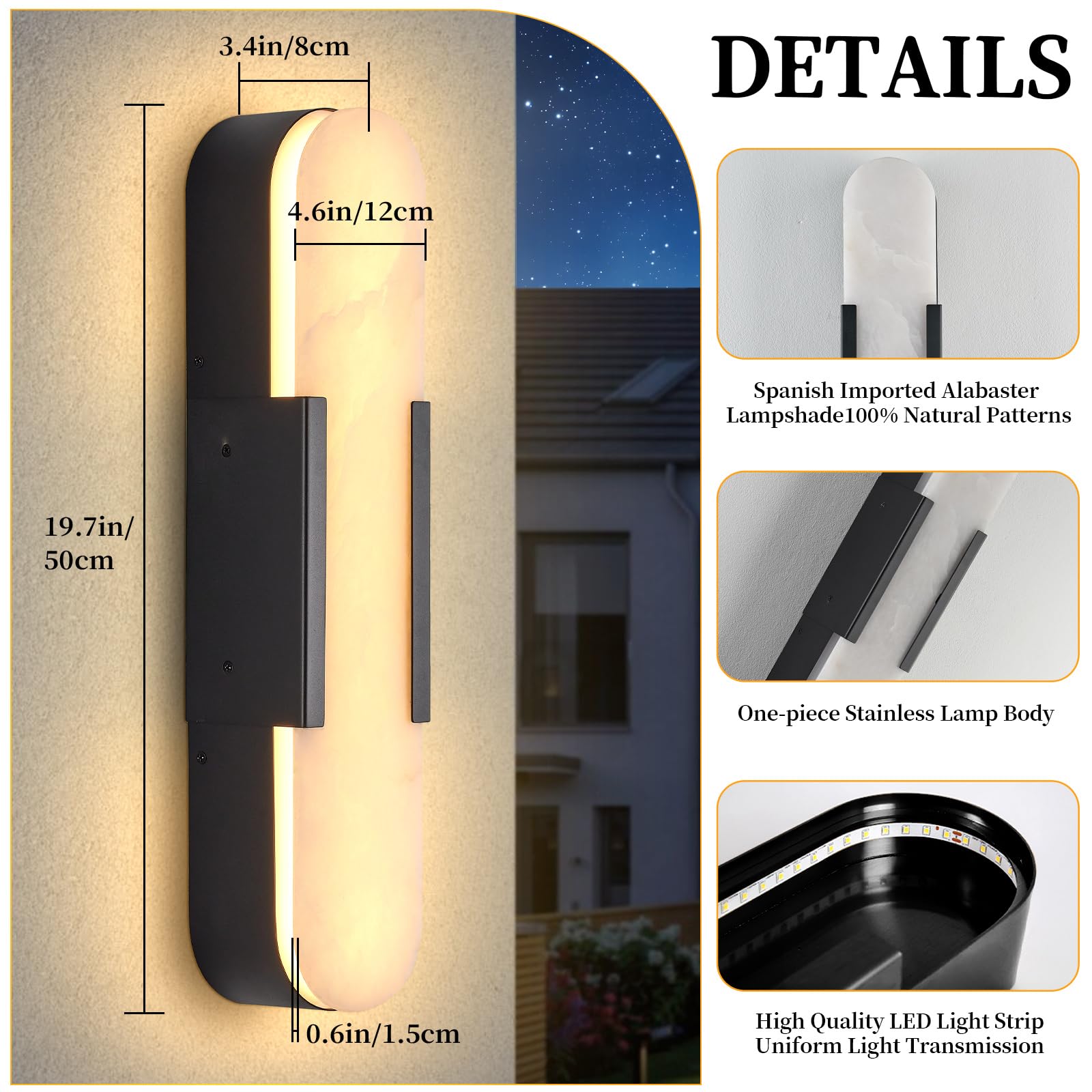 Natural Marble Wall Sconce 19.7" Black LED Outdoor