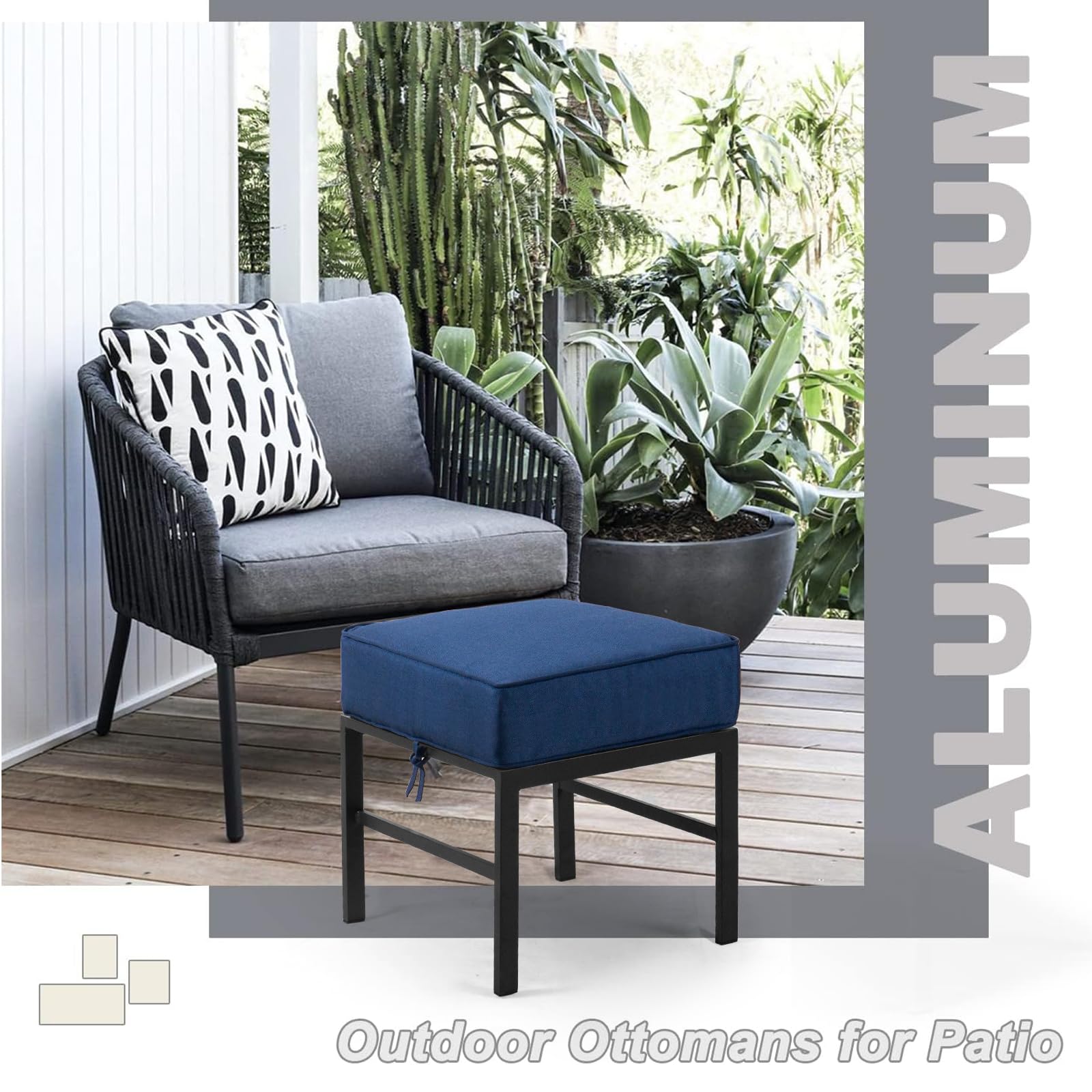 2-Piece Outdoor Patio Ottomans with Blue Cushions