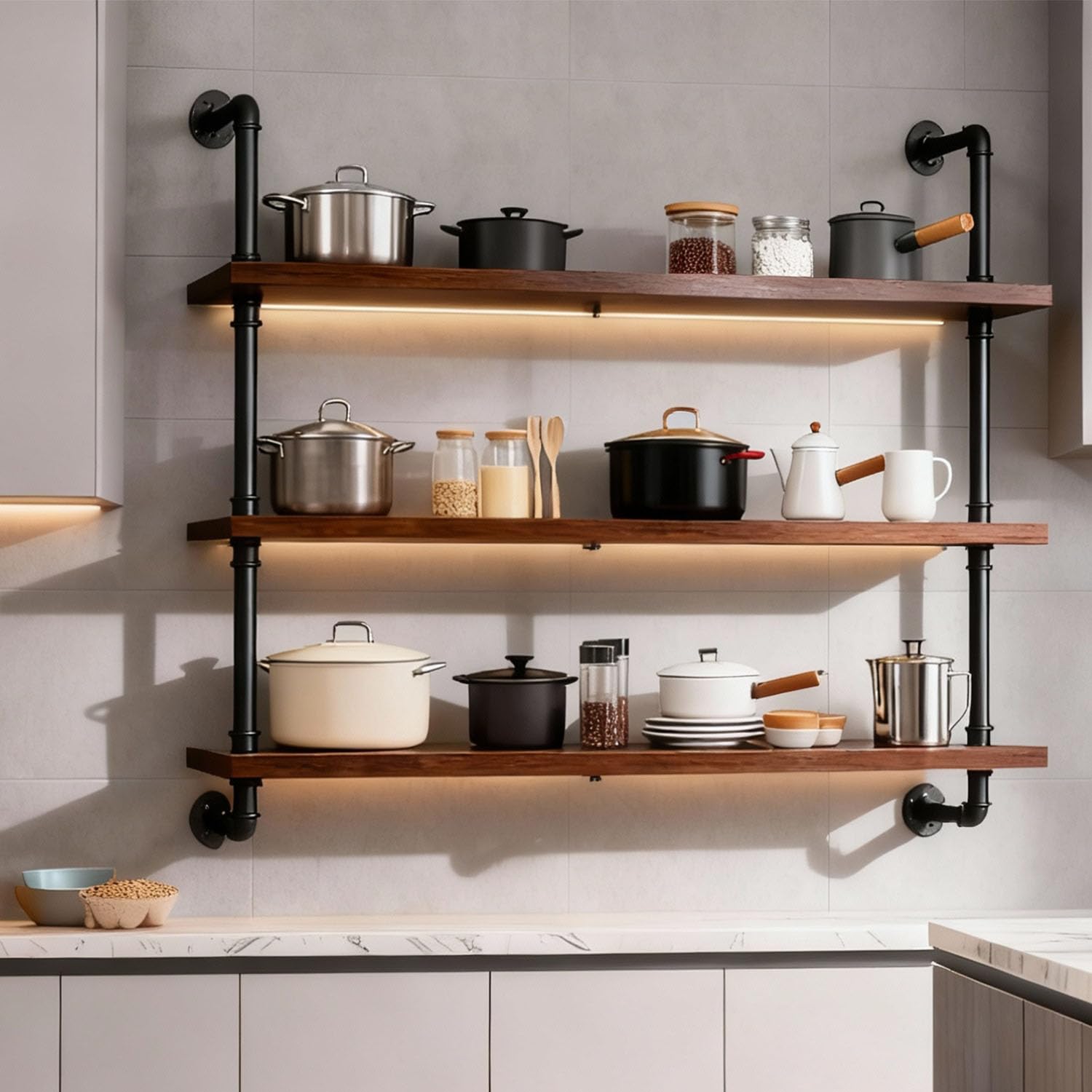 39" Wall Mounted Wine Rack with LED Lights - 3 Tier Industrial Pipe Floating Shelves