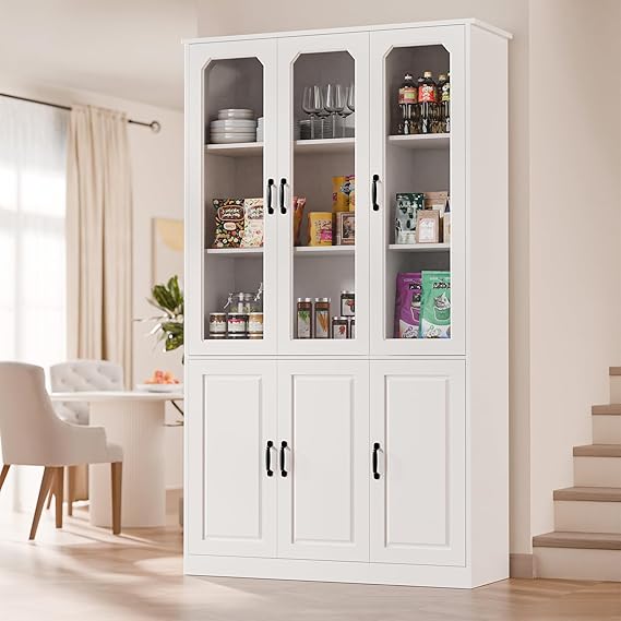 Tall Kitchen Pantry Cabinet with Glass Doors