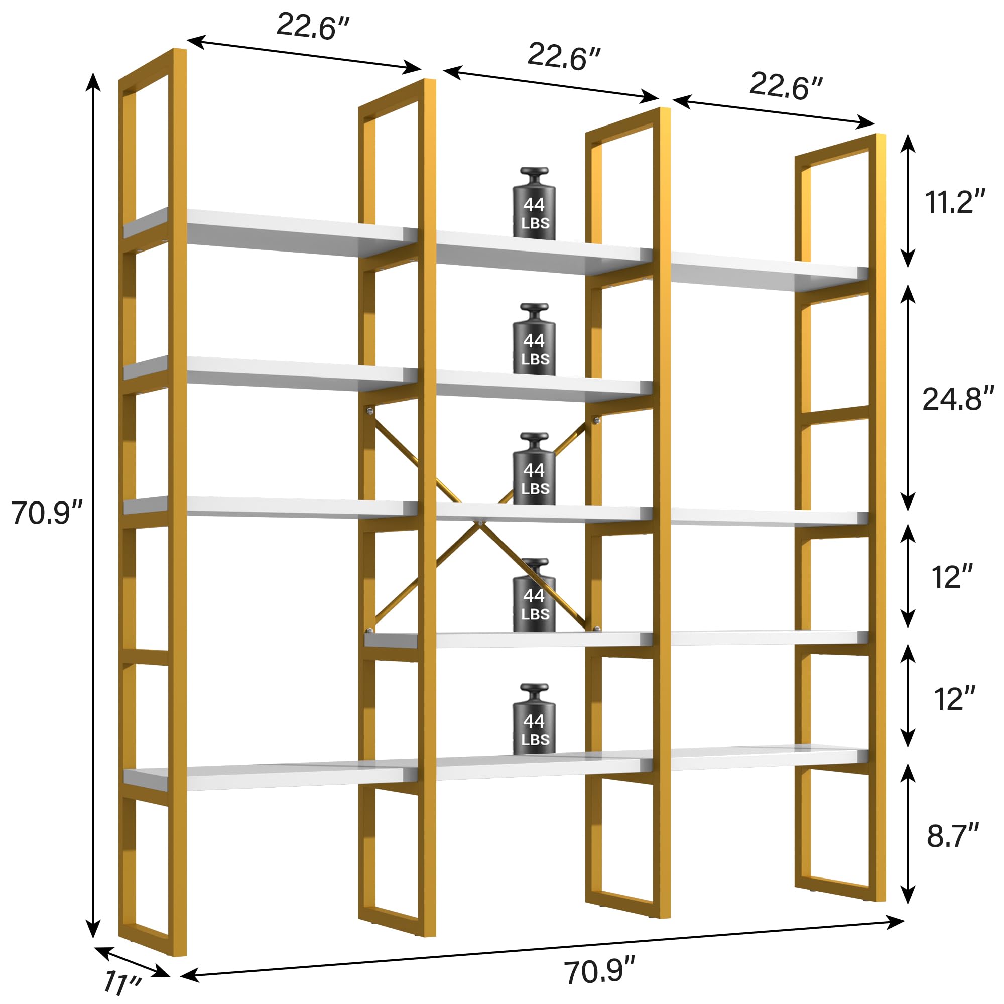 5-Tier Geometric Bookcase 71 Inches Tall Gold and White