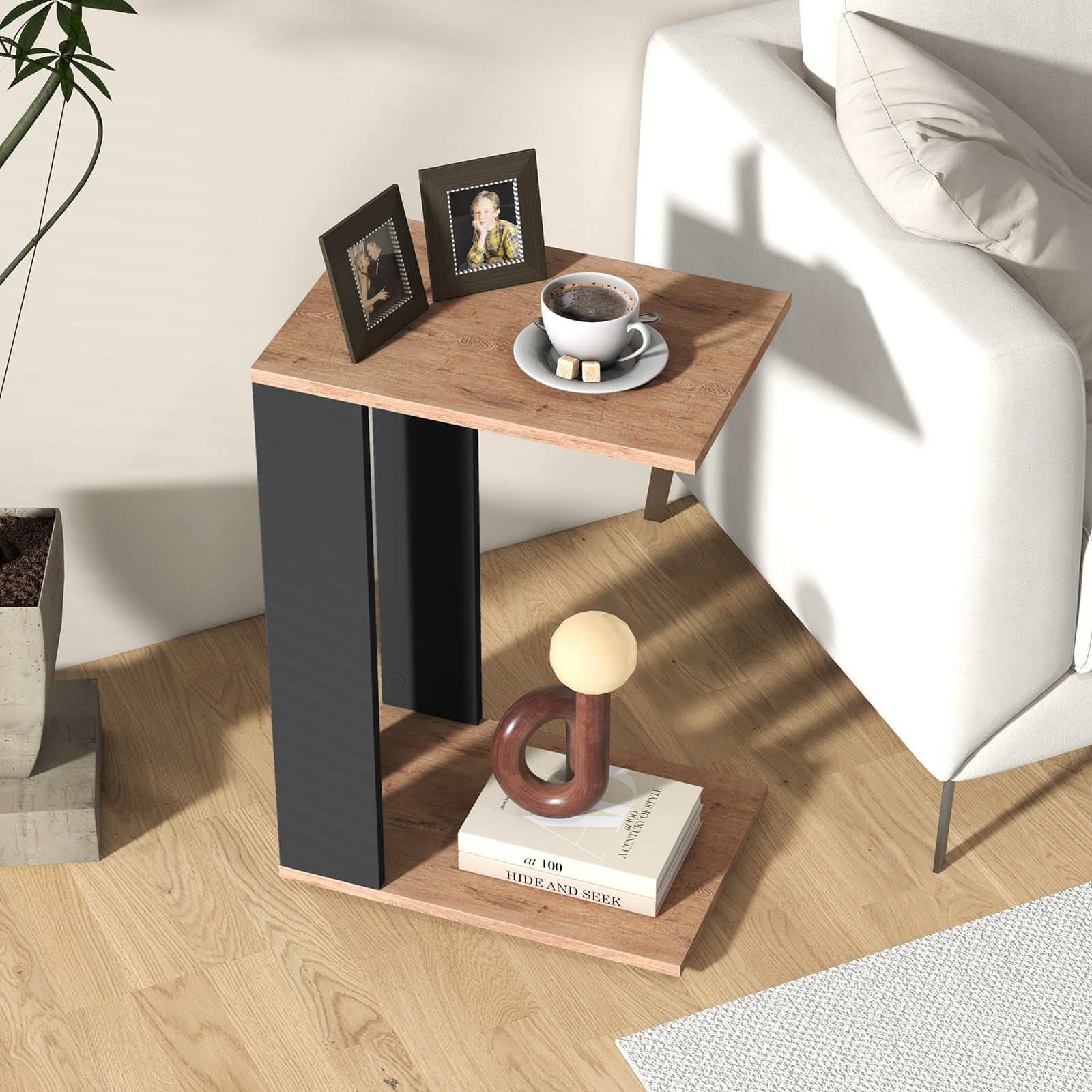 Rolling C-Shaped End Table Set of 2 with Wheels and Storage Shelf