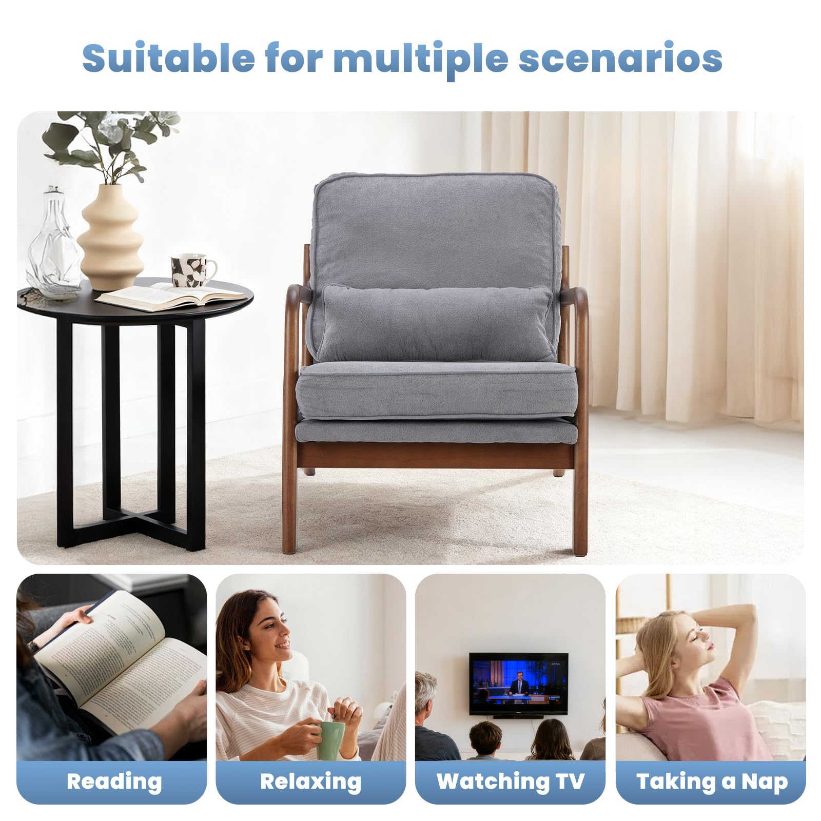 DUMOS Mid Century Accent Chair, Modern Living Room Chair with Arms and Waist Cushion, Reading Chairs for Adults, Lounge Chair for Bedroom, Solid Wooden Frame,Classic Grey