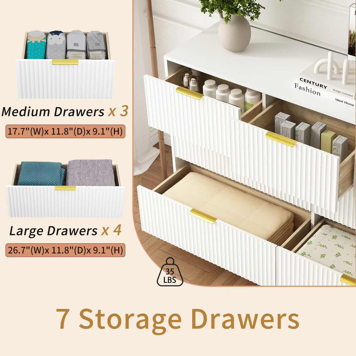7 Drawer Dresser and Nightstand Set - White with Gold Handles