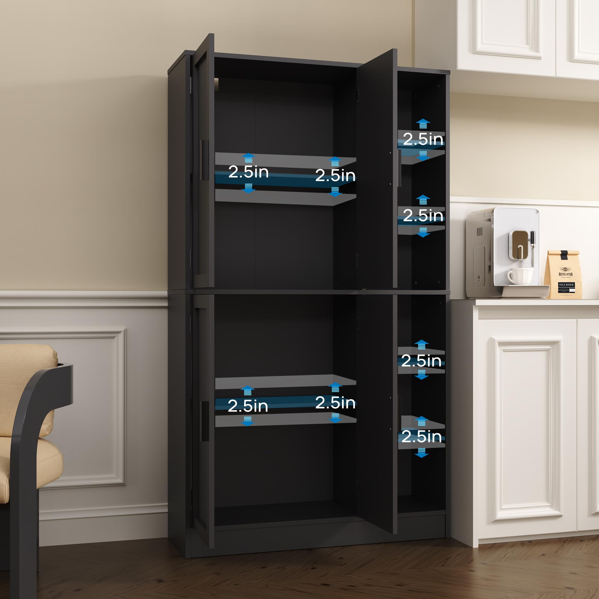 63" Tall Black Kitchen Pantry Storage Cabinet