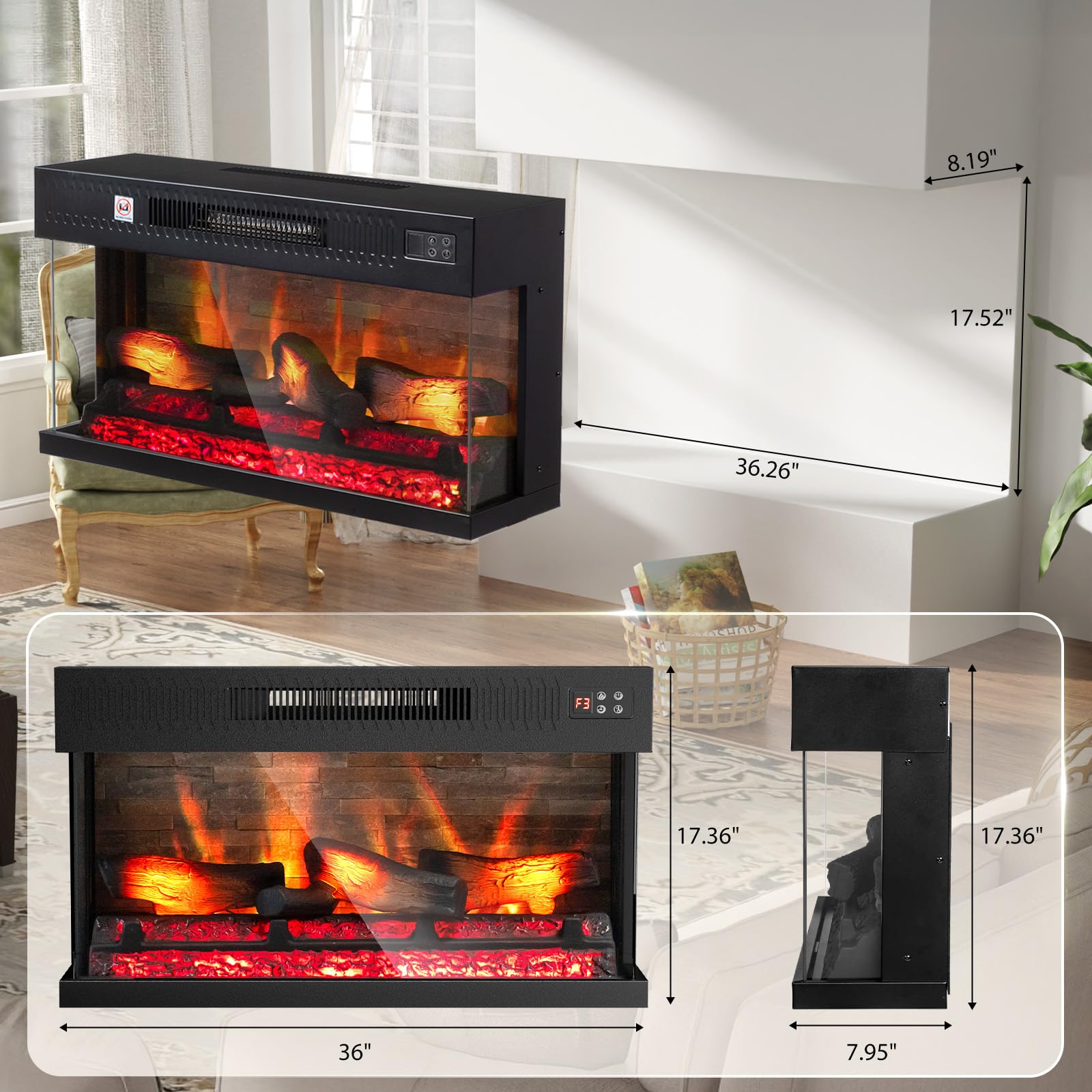 36 Inch 3-Sided Electric Fireplace Insert with Remote Control