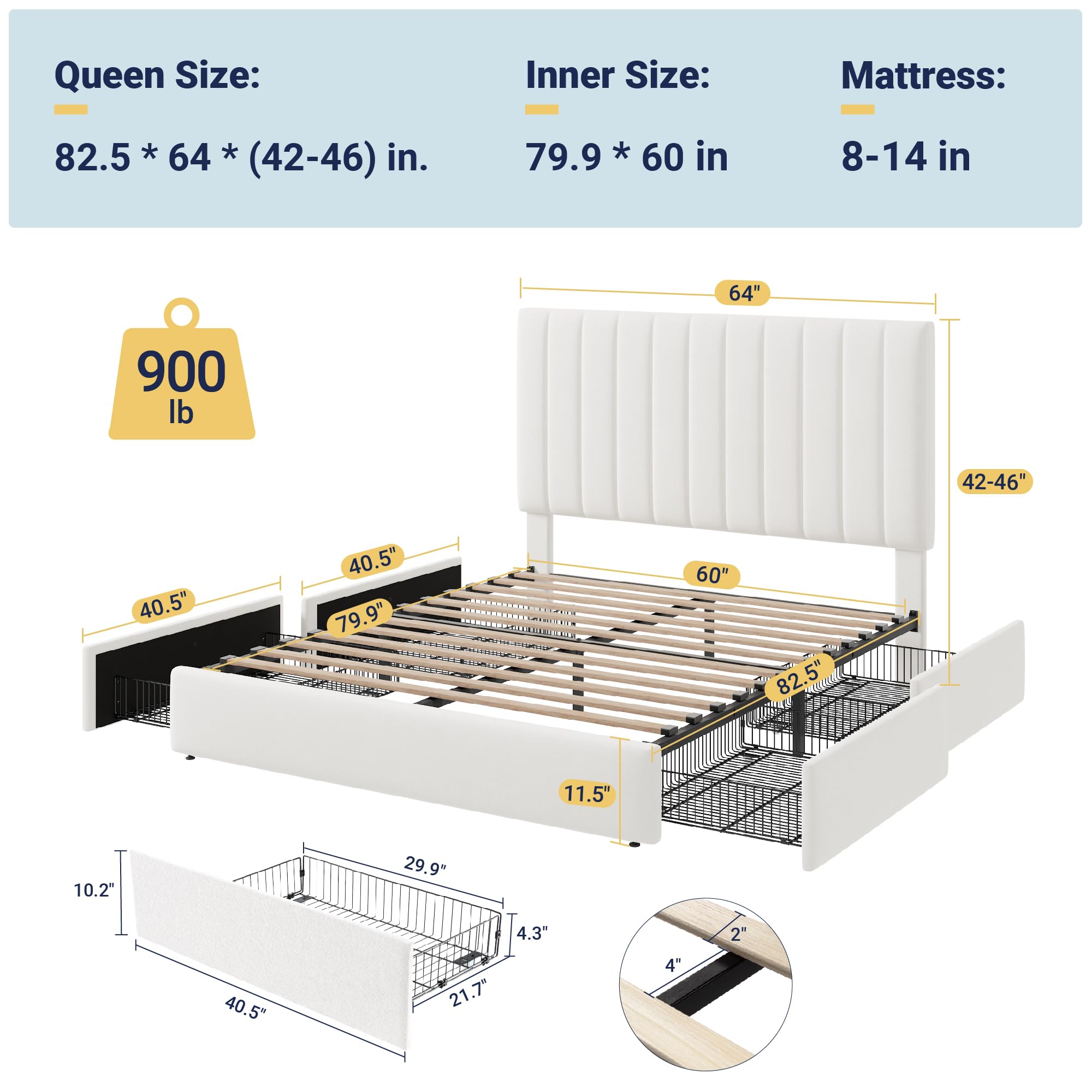 Queen Size Storage Bed Frame with Adjustable Headboard