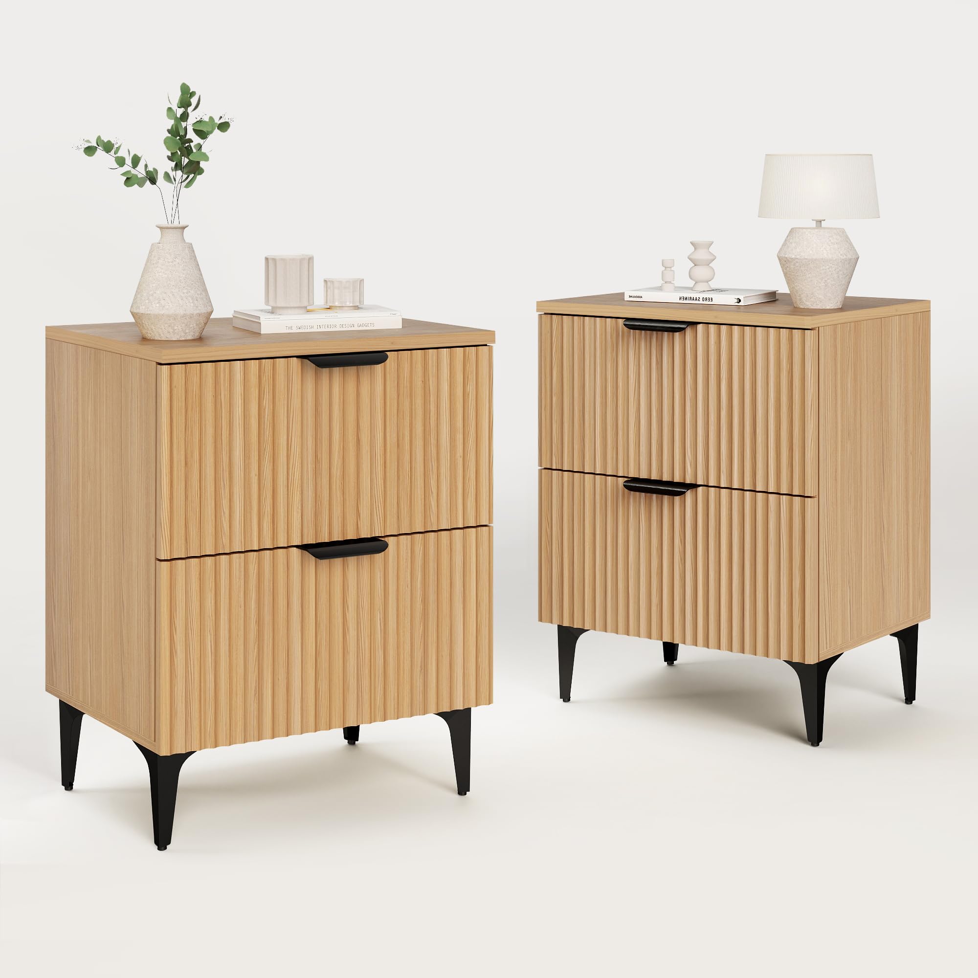 Fluted Nightstand Set of 2 with Drawers