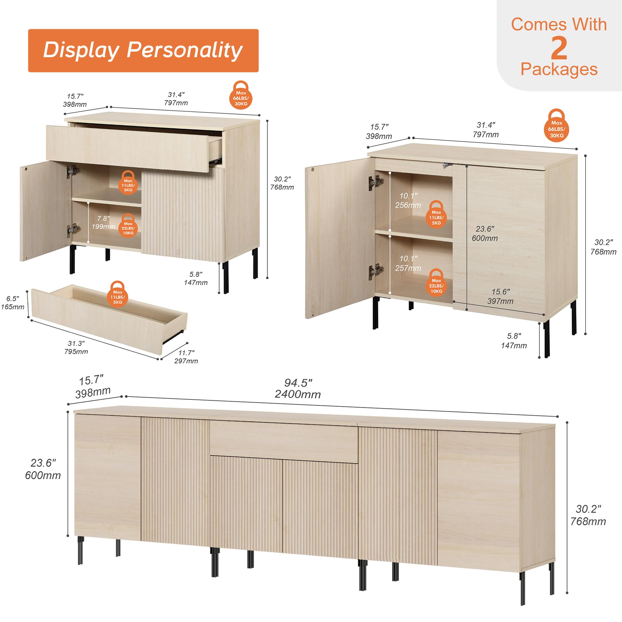 94.5" Fluted Buffet Sideboard Cabinet with Storage