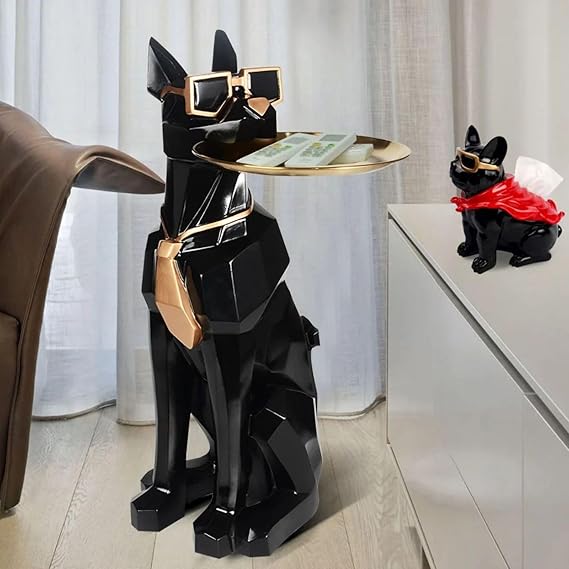 Whimsical Cat Statue Side Table with Gold Tray