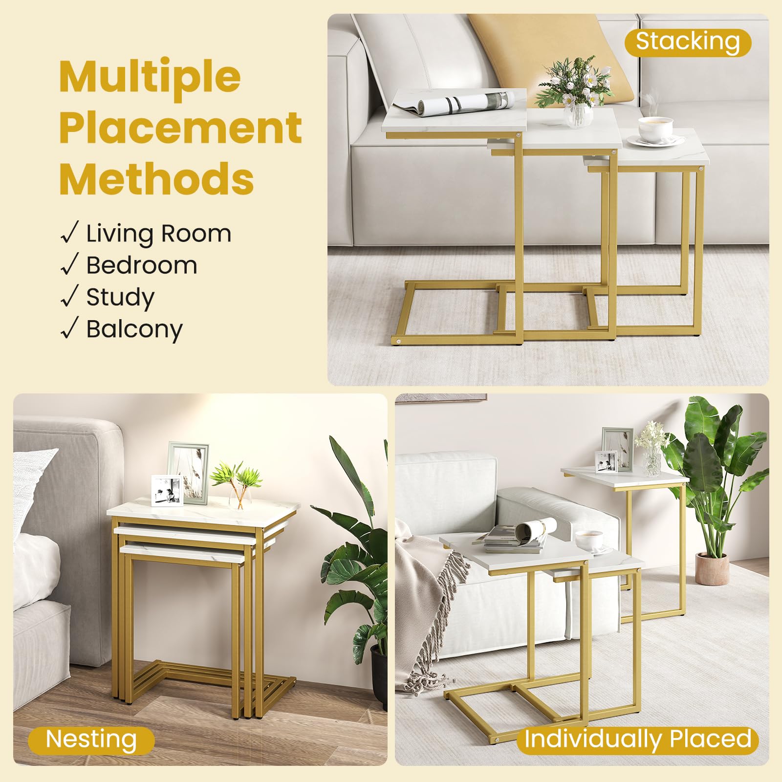 Nesting Coffee Tables Set of 3 with Faux Marble Top