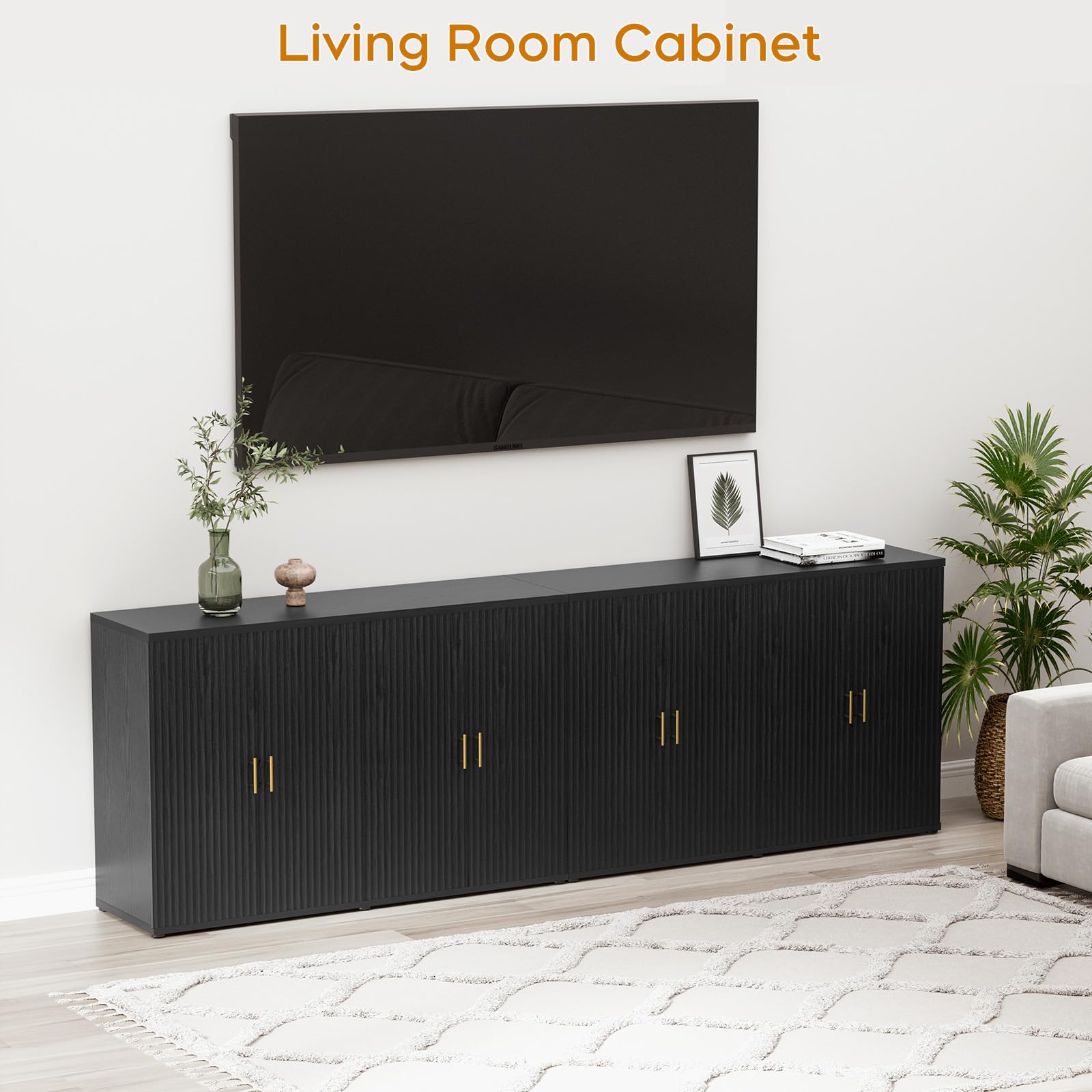 Black Fluted Sideboard Buffet Cabinet with Storage