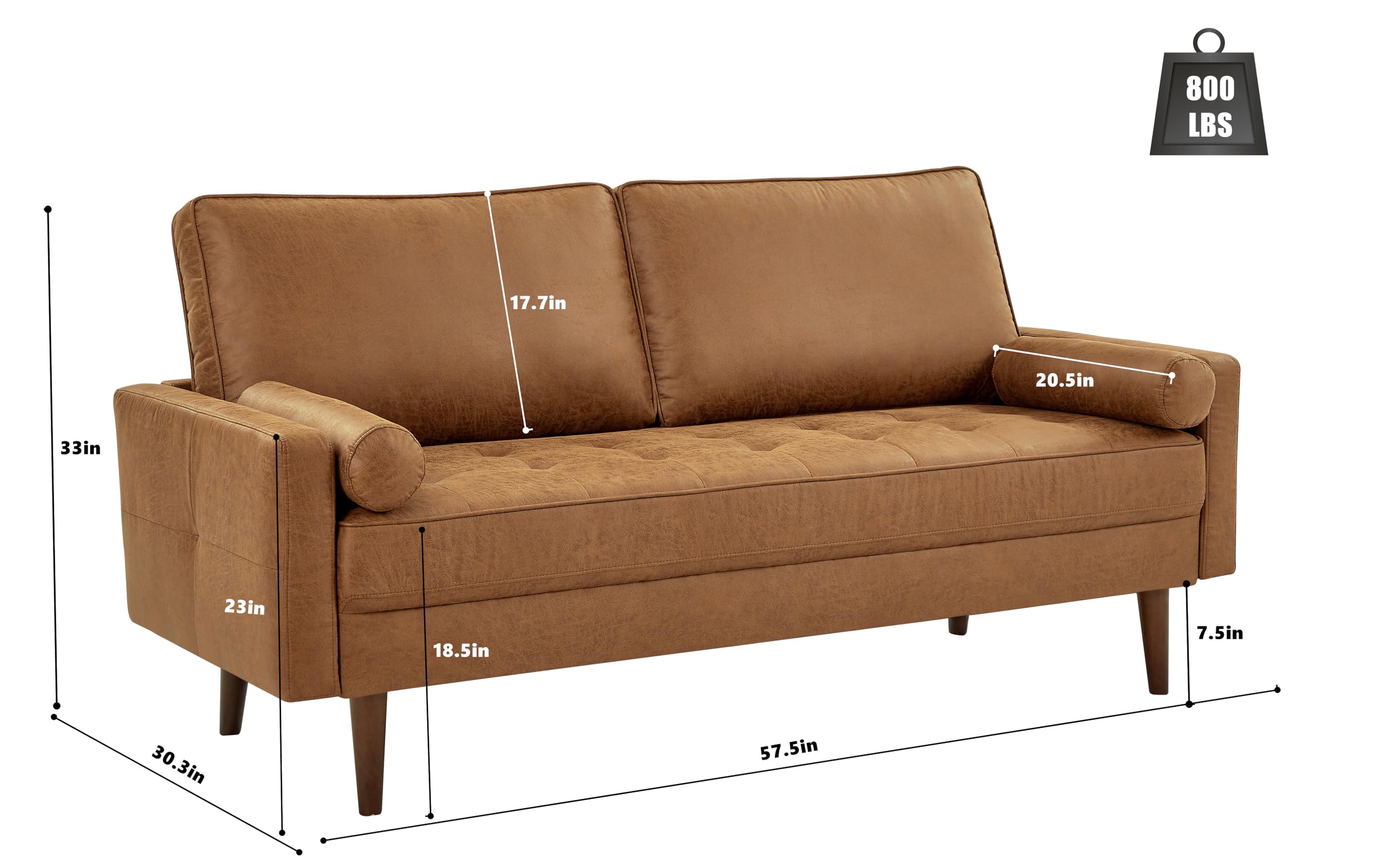 58" Mid-Century Modern Loveseat Sofa - Brown Faux Leather