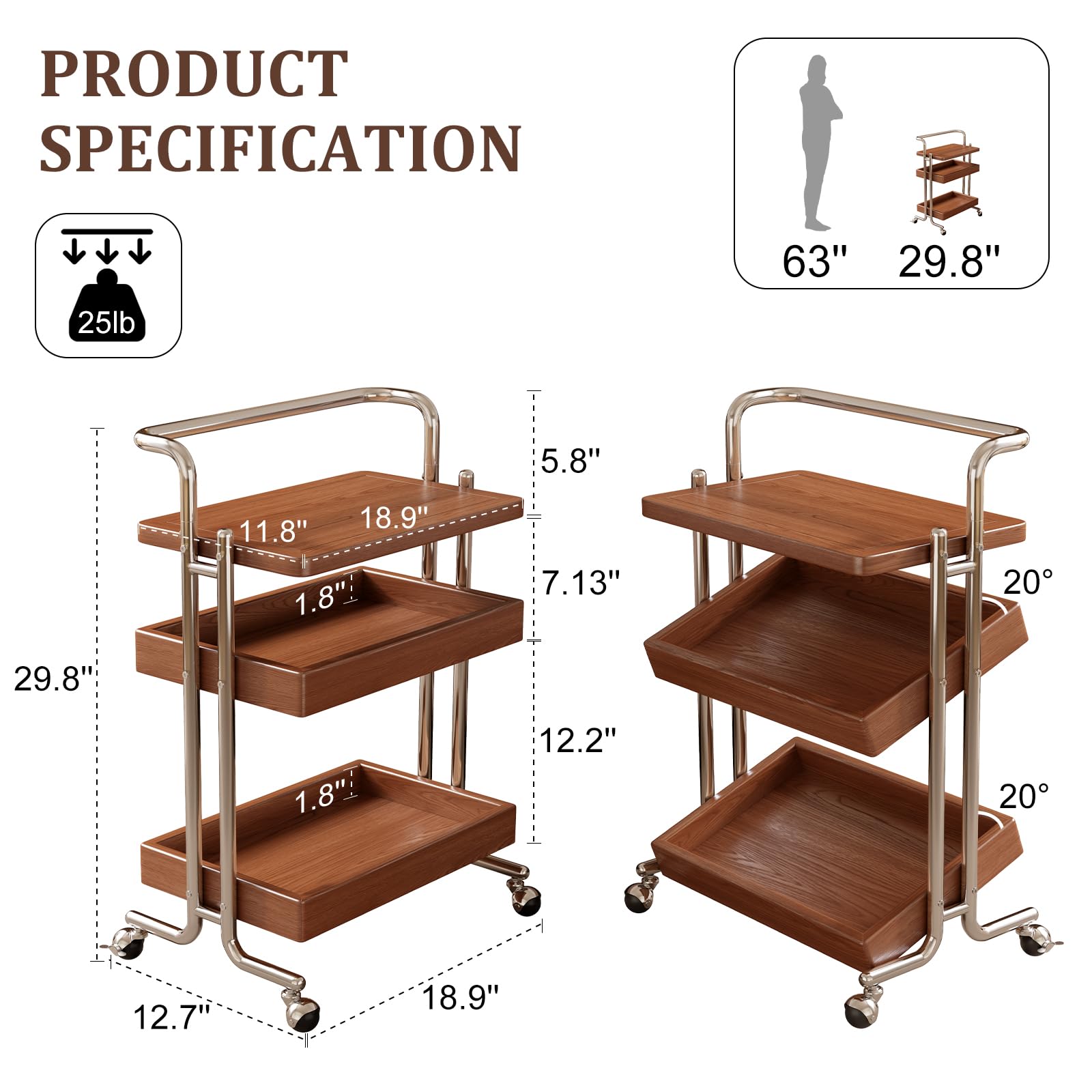 Solid Wood Rolling End Table Cart with Adjustable Storage