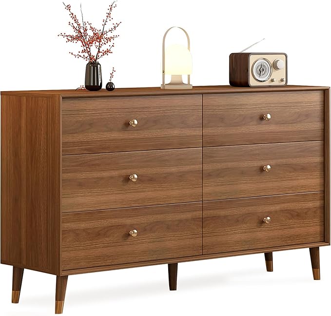 6-Drawer Dresser 55 Inch Wide Walnut Finish Storage Cabinet