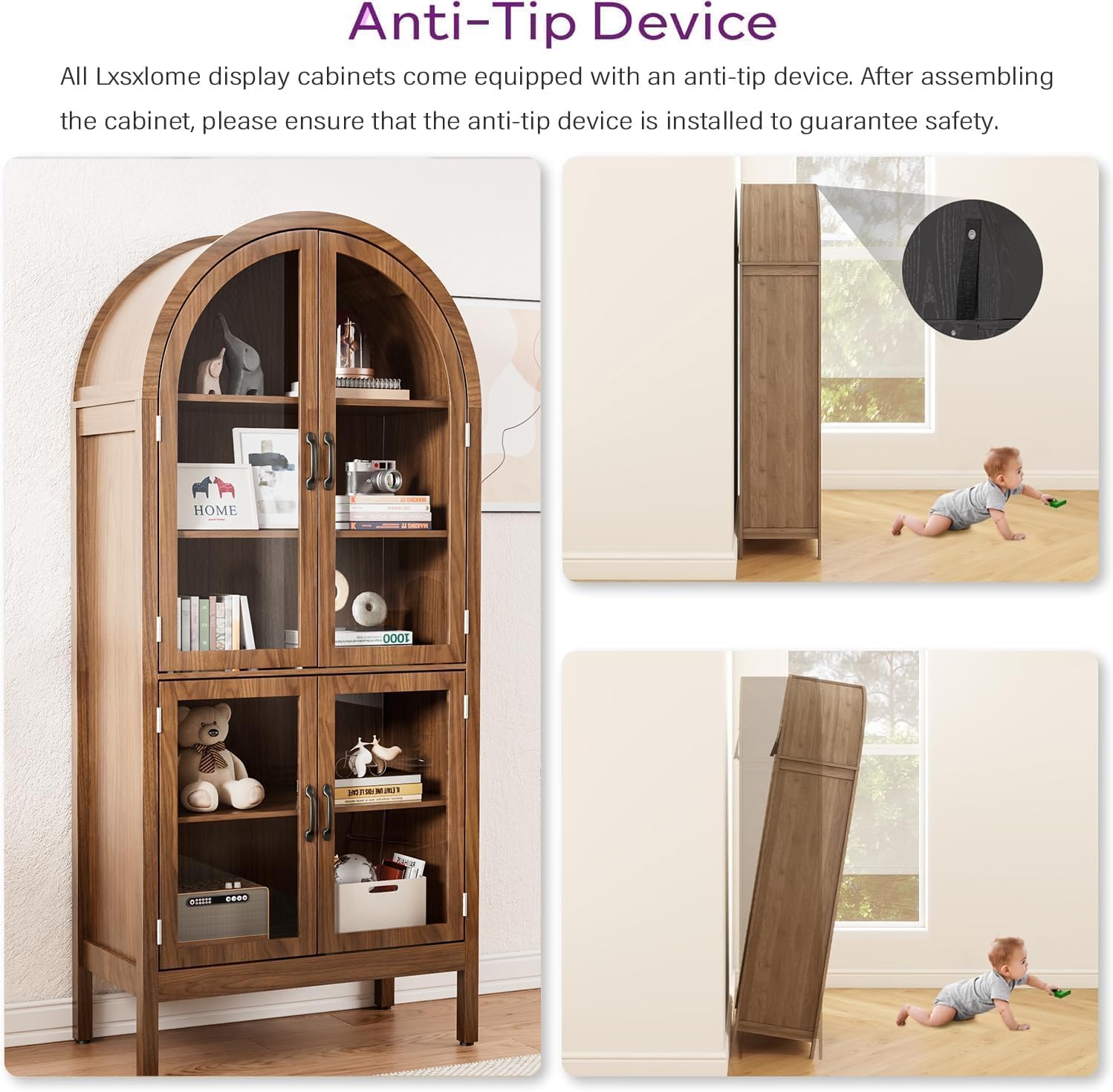 Arched Kitchen Pantry Cabinet with Glass Doors