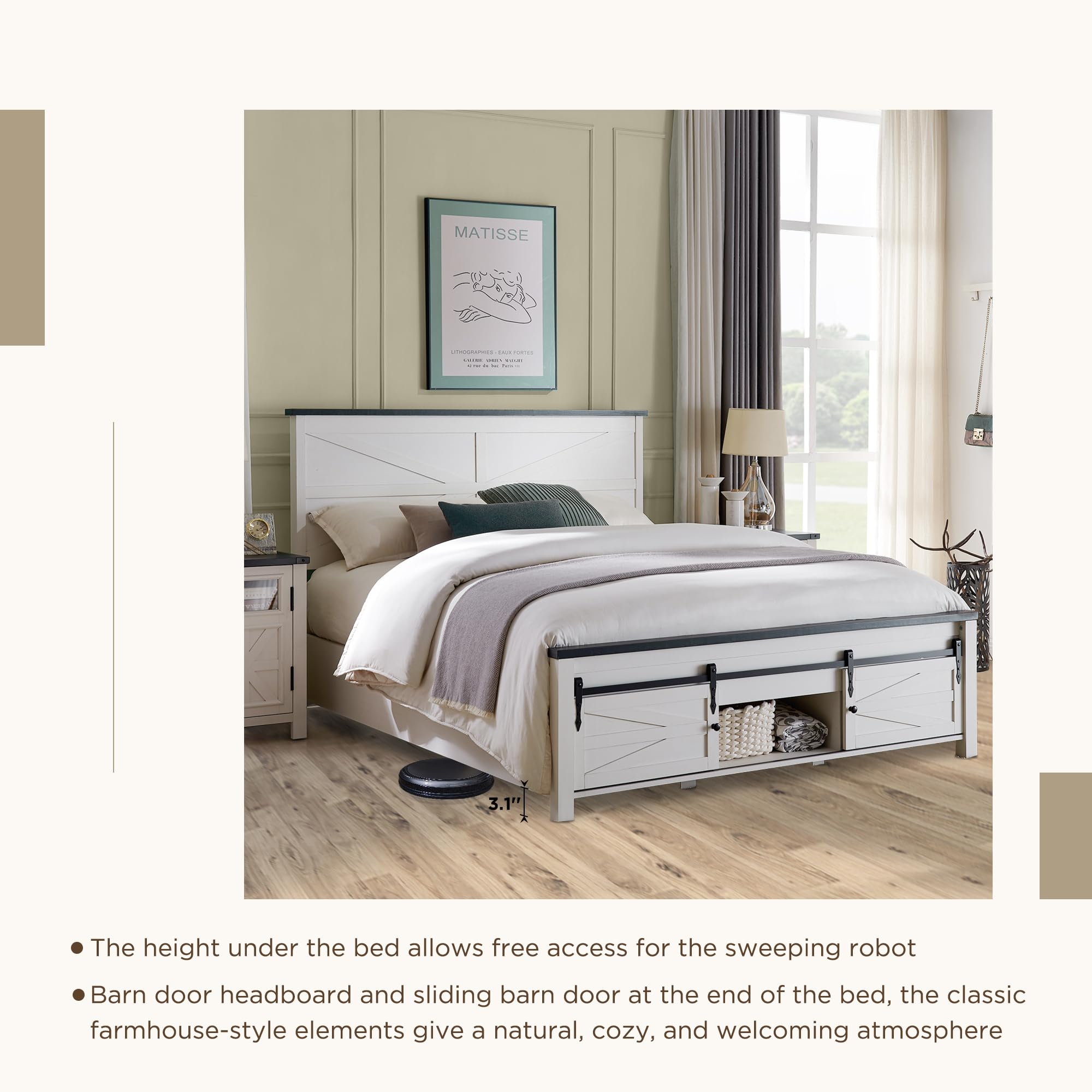 Farmhouse Wood Bed Frame Queen Size with Storage Cabinets
