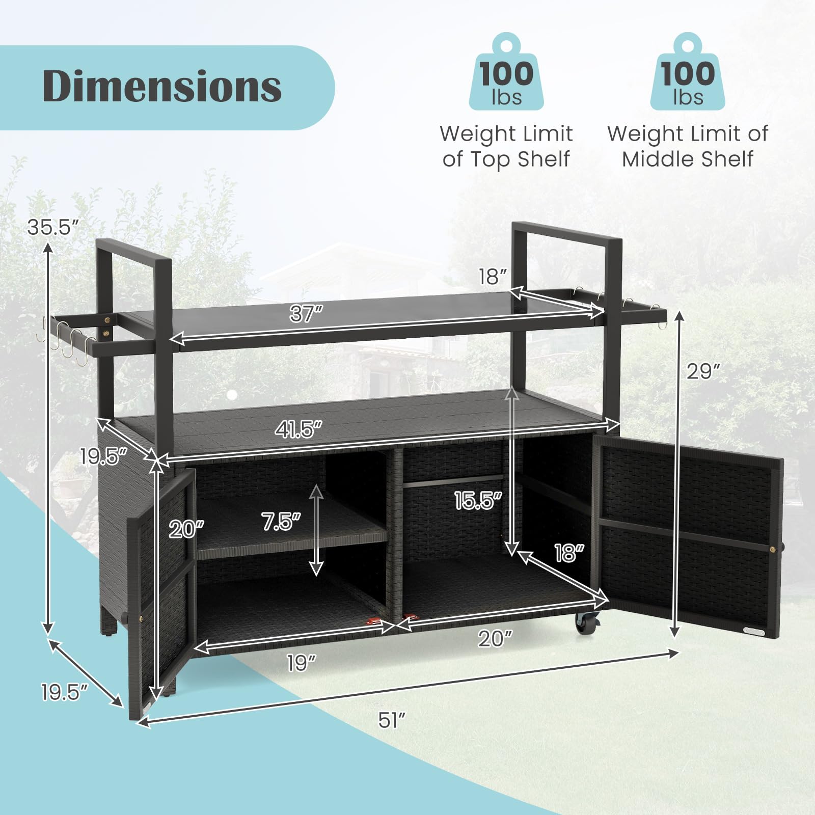 Outdoor Rolling Bar Cart with Tempered Glass Top