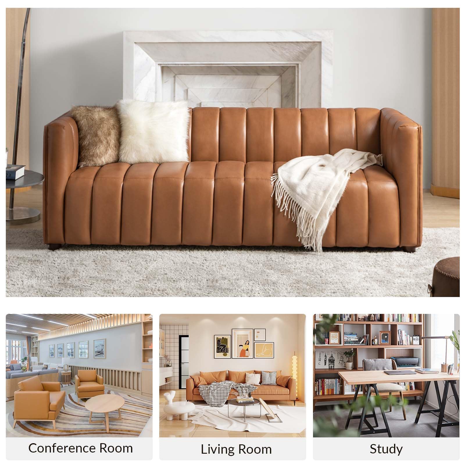 83" Genuine Leather Channel Tufted Sofa