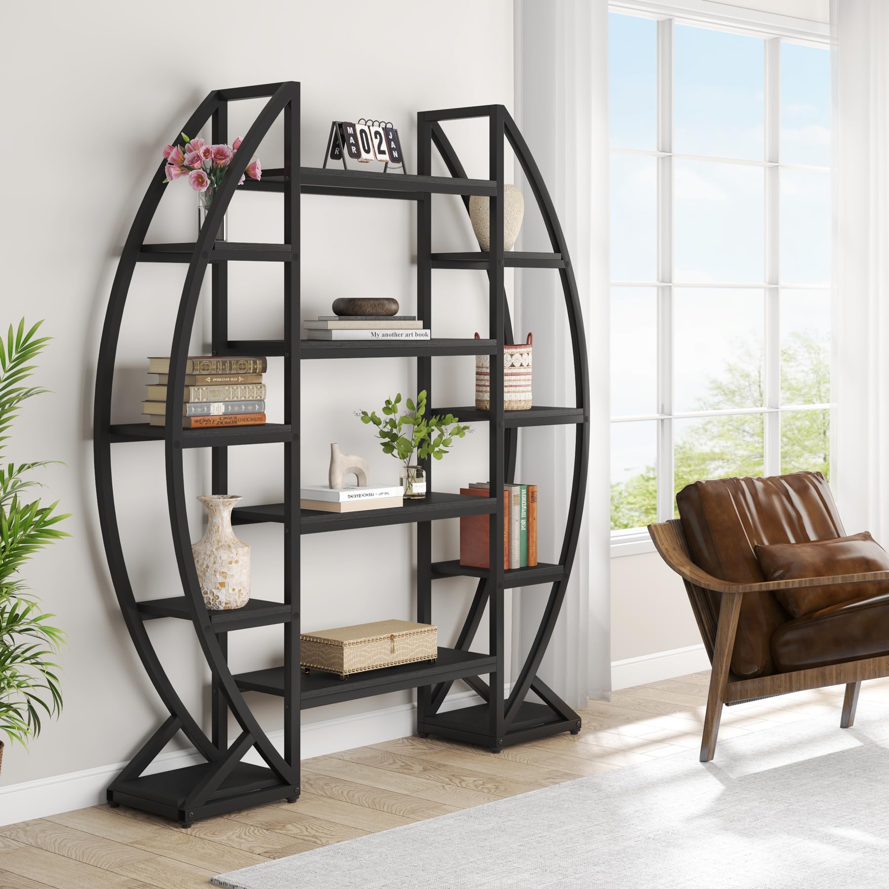 Oval Bookshelf Triple Wide 5-Tier Industrial Display