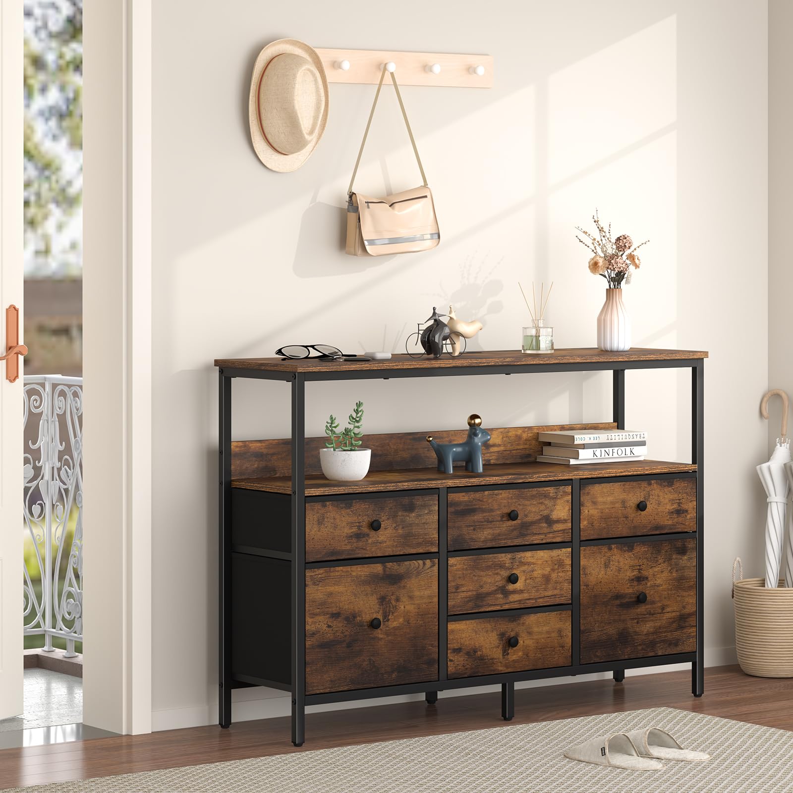 LED TV Stand with 7 Drawers and Power Outlets