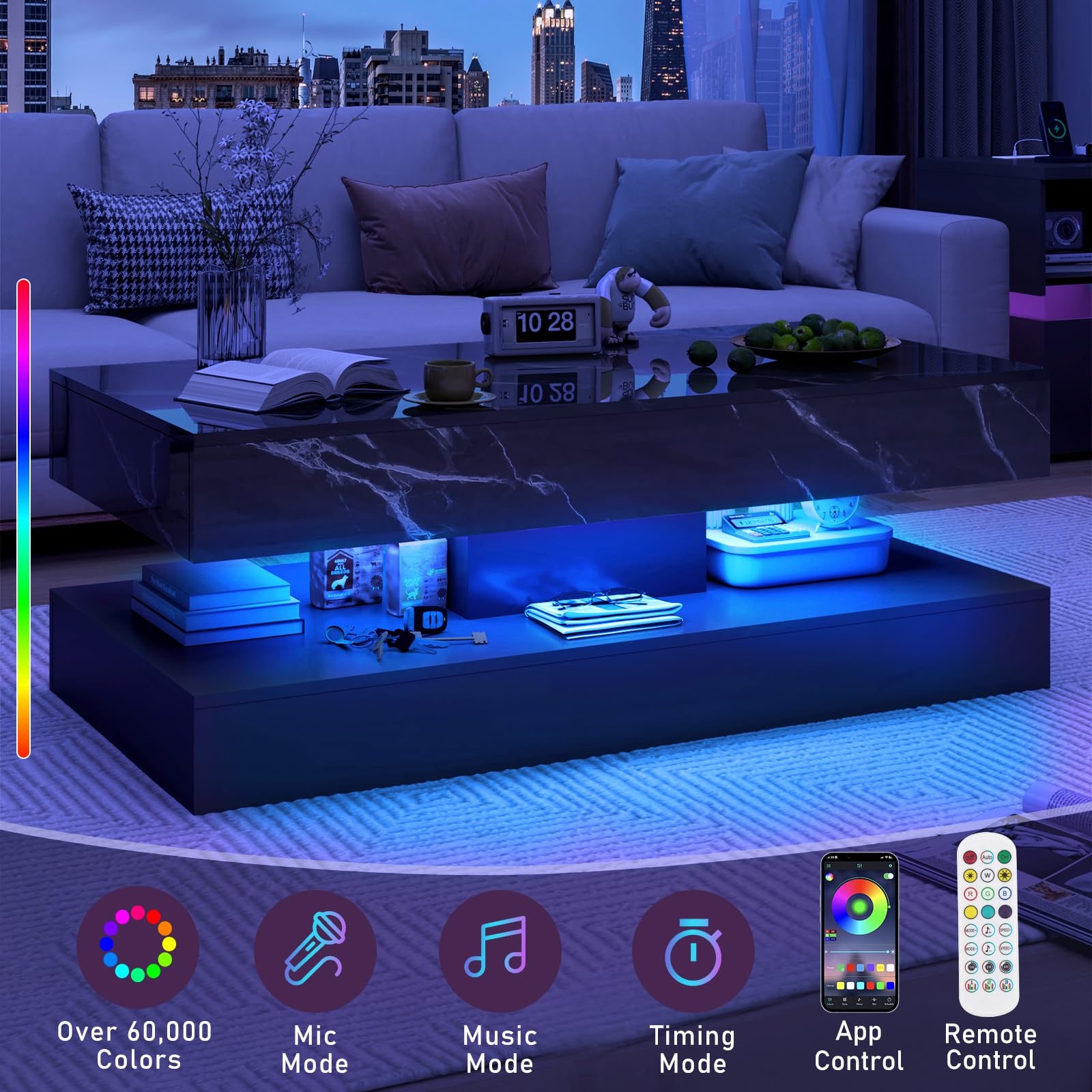LED Coffee Table with Storage Drawers