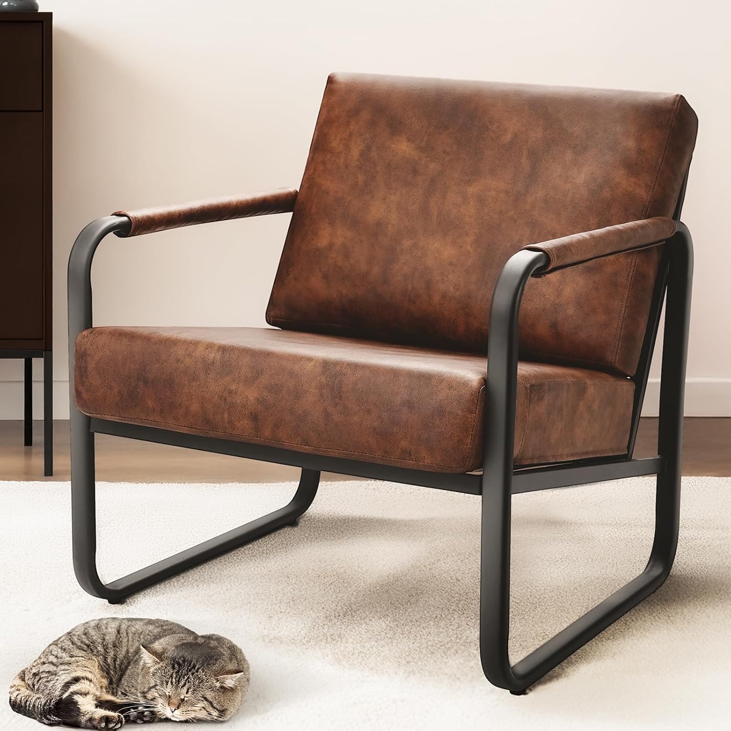 Mid-Century Modern Accent Chair Set of 2 - Faux Leather Armchair with Cushion