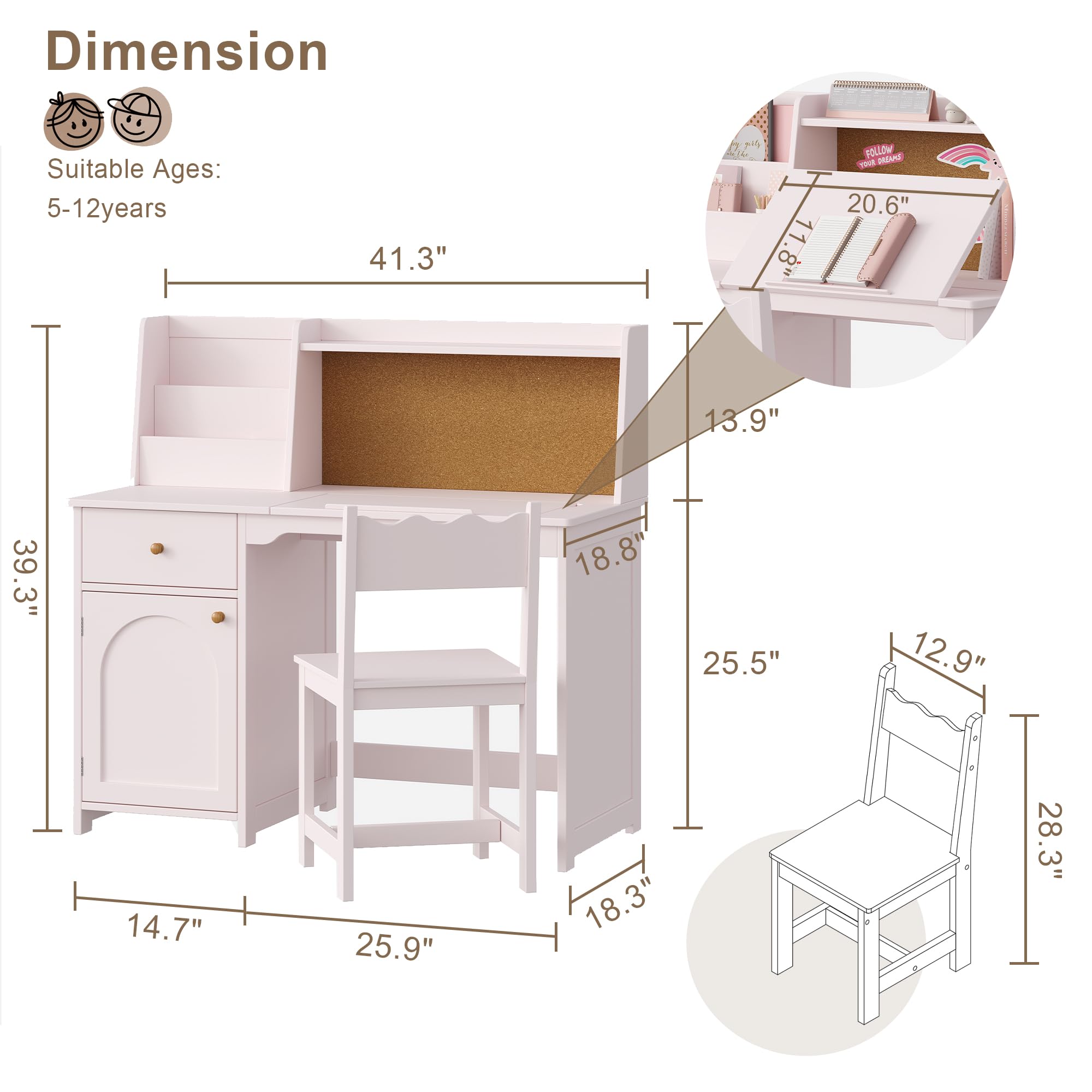 Kids Study Desk and Chair Set with Tiltable Desktop and Hutch