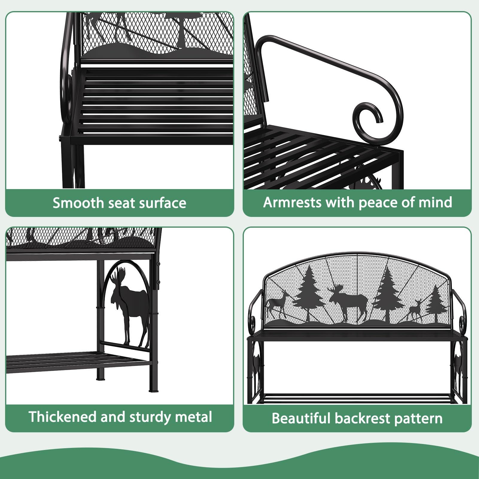 Metal Outdoor Garden Bench with Forest Pattern Backrest